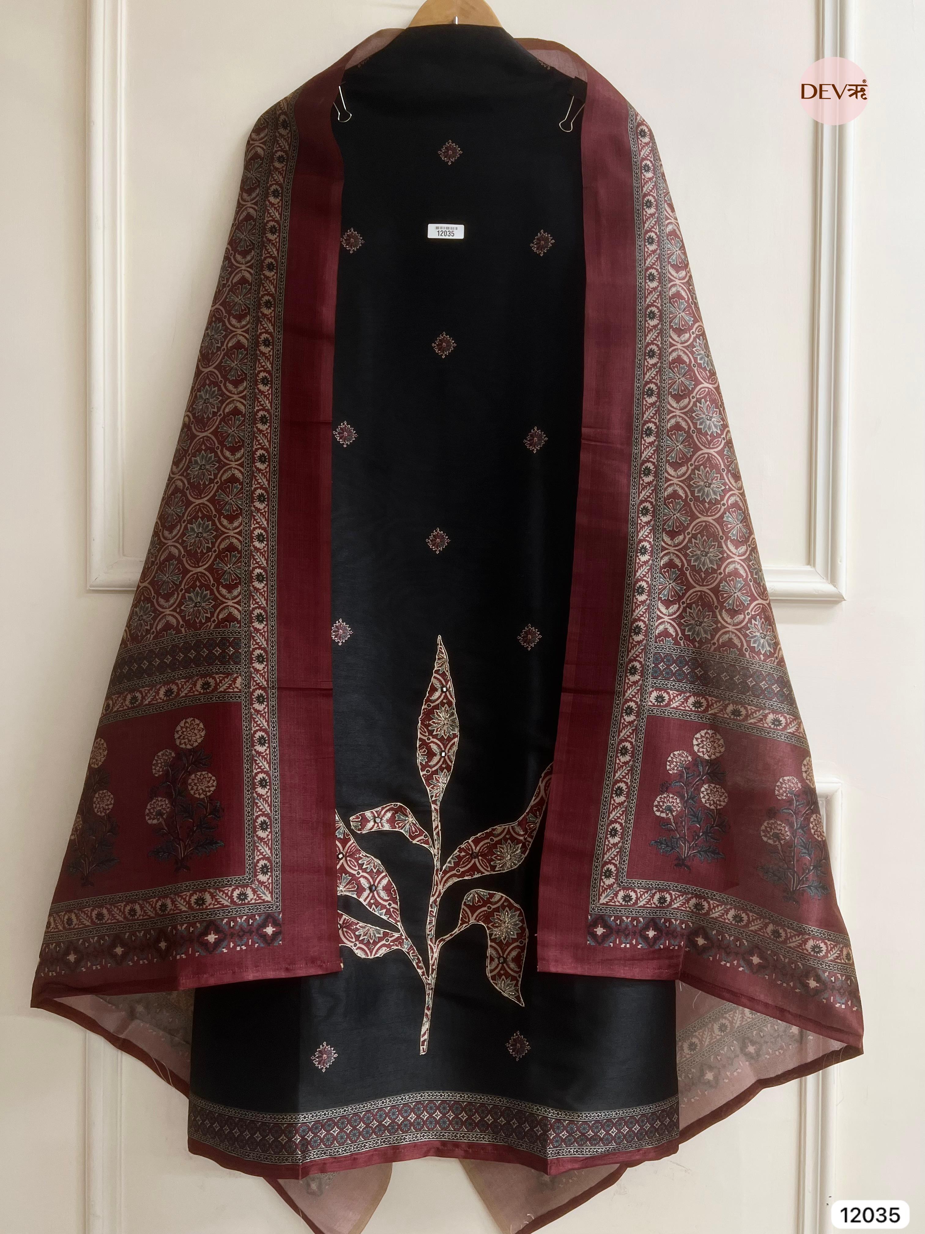 Black Raw Silk Unstitched Hand Applique Work Embroidered -Set Of 3 - {12035}