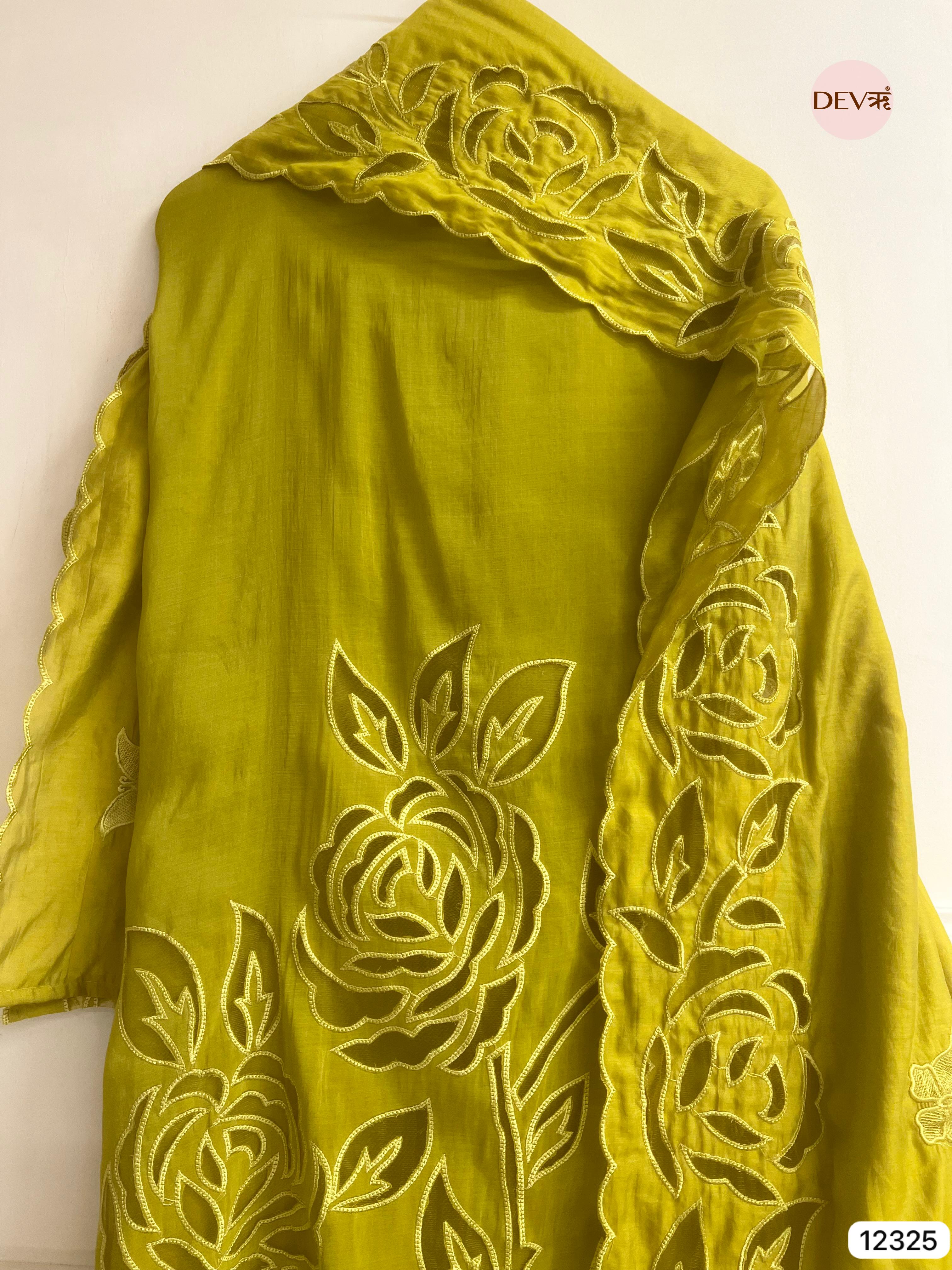 Lime Green Mul Chanderi Embroidered Unstitched 3-Piece Suit (Devri – D.No 12325)