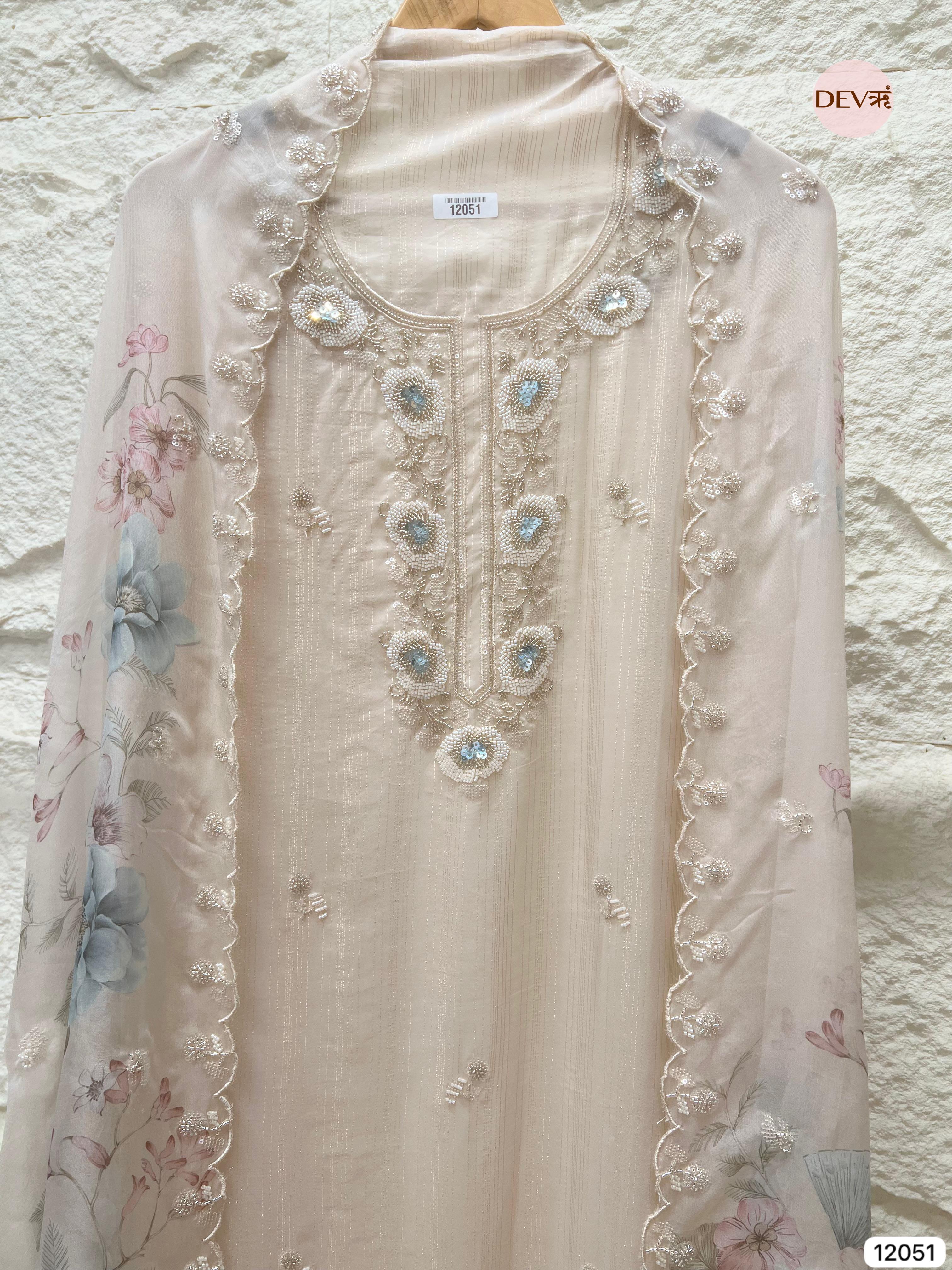 Off White Pure Organza Woven Unstitched Hand Embroidered -Set Of 3 - {12051}