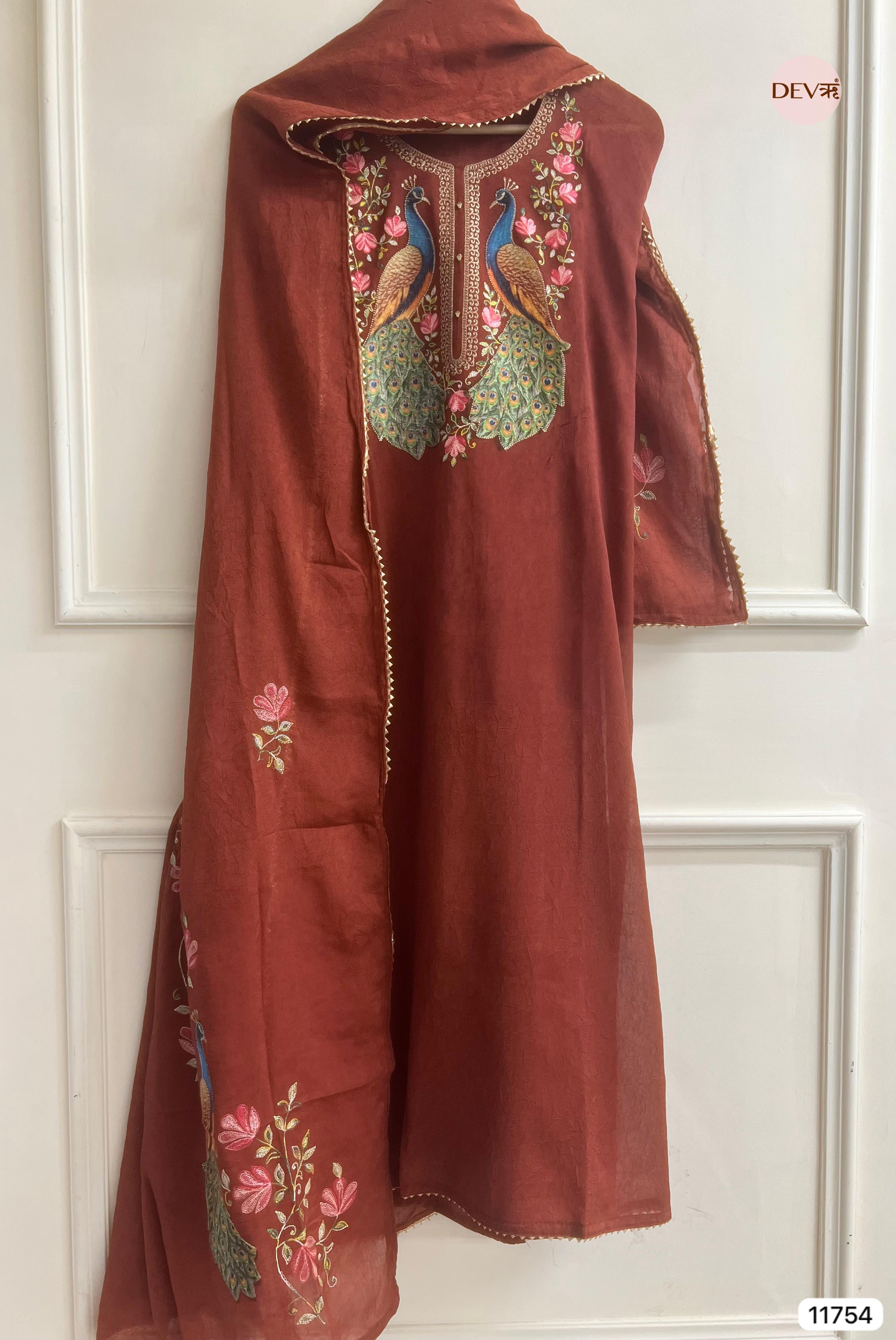 Maroon Russian Silk Unstitched Hand Applique Work Embroidered -Set Of 3 - {11754}
