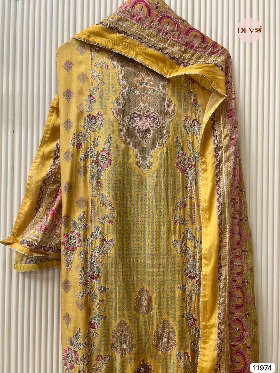 Mustard Gold Pure Muslin Printed Unstitched 3-Piece Suit (Devri – D.No 11974)