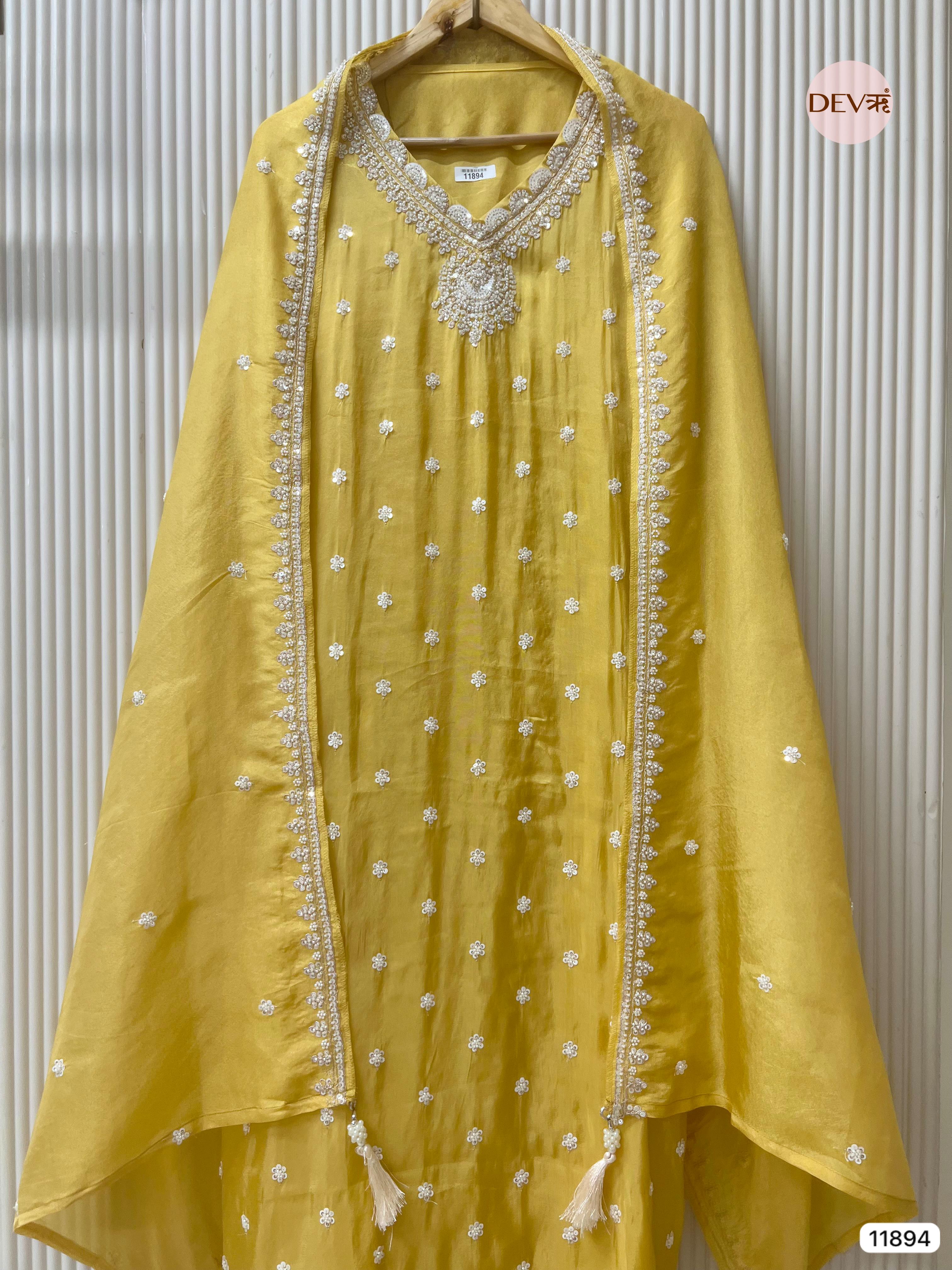 Yellow Shimmer Tissue Silk Unstitched Embroidered -Set Of 3- {11894}