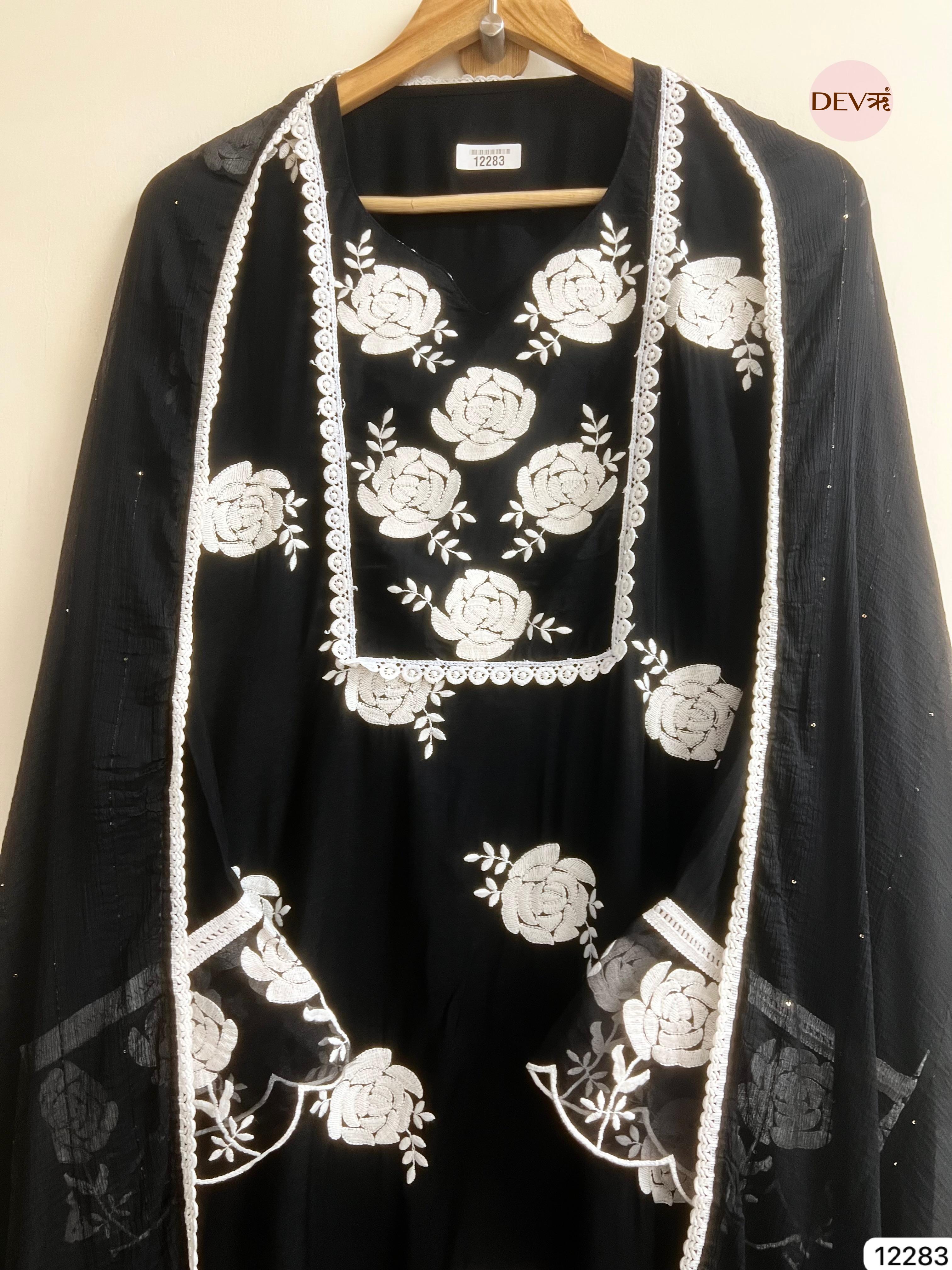 Black Muslin Embroidered Unstitched 3-Piece Suit (Devri – D.No 12283)