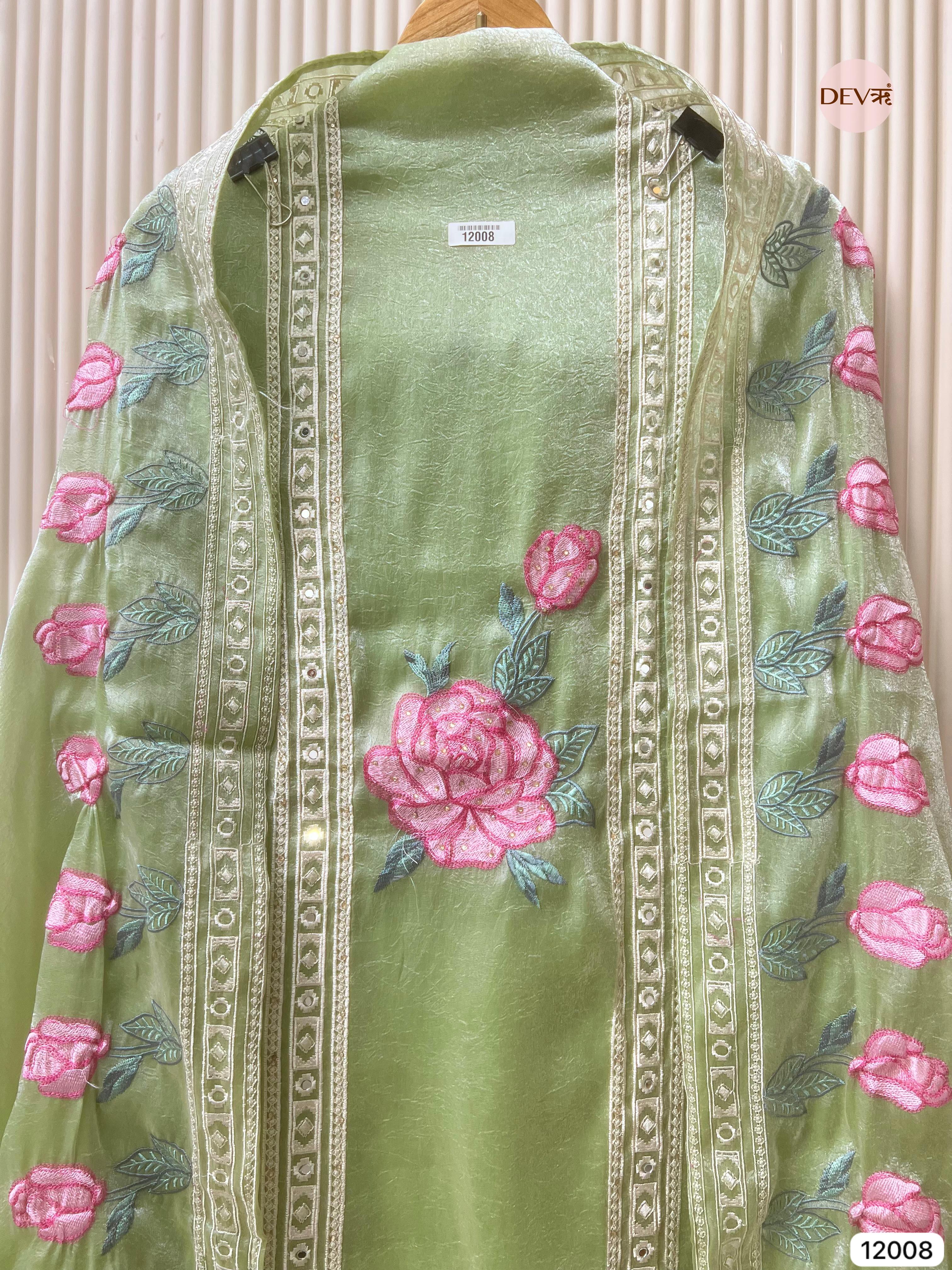 Green Tissue Organza Silk Unstitched Embroidered -Set Of 3 - {12008}