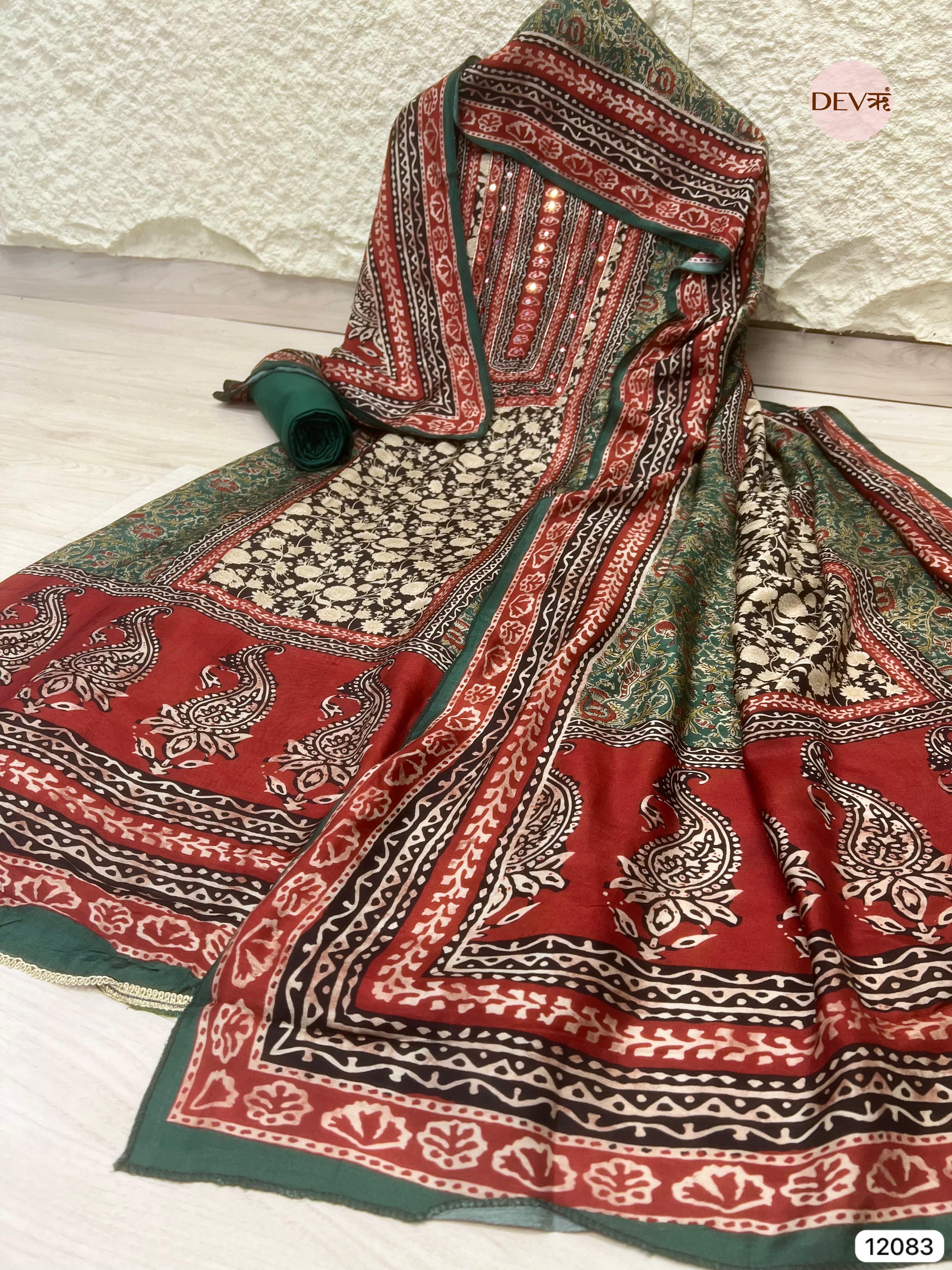 Multi colour Pure Muslin Unstitched Printed Embroidered -Set Of 3 - {12083}