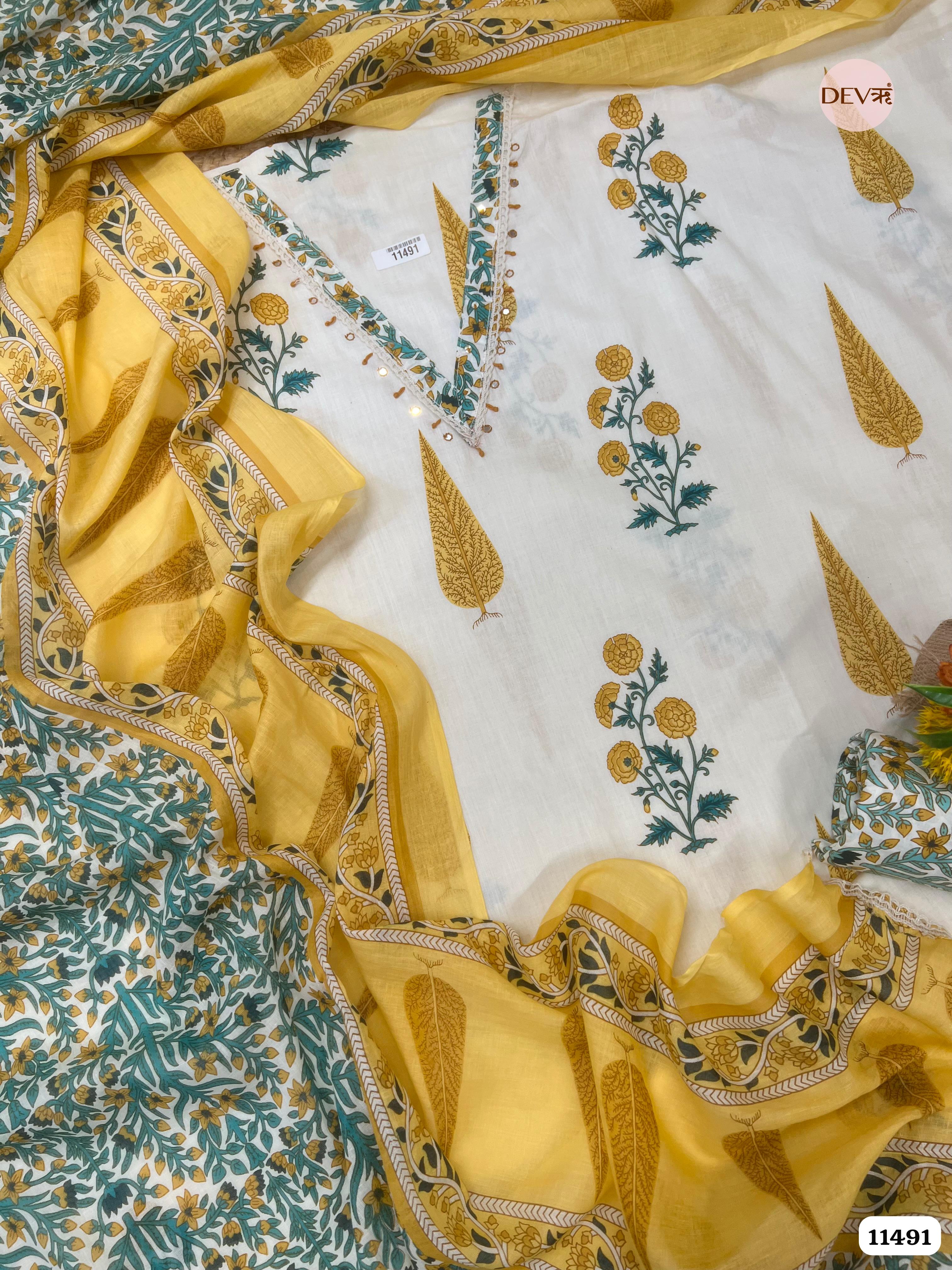 Yellow Pure Cotton unstitched Printed Embroidered -Set Of 3 {11491}