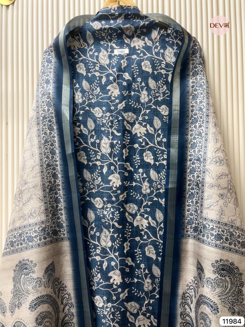 Blue Pure Tusser Silk Printed Unstitched 3-Piece Suit (Devri – D.No 11984)