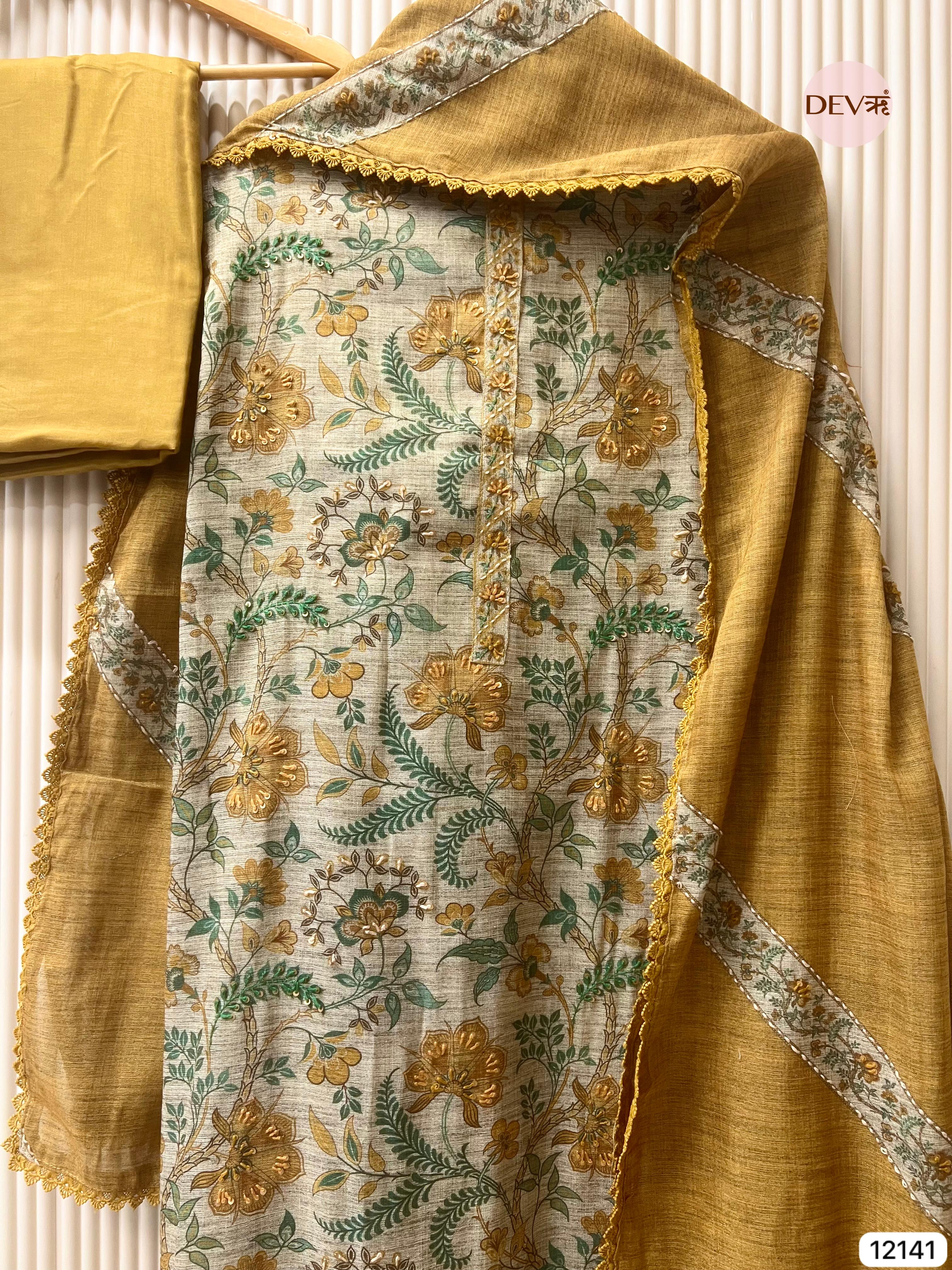 Mustard Yellow Pure Khadi Silk Unstitched Printed - Set Of 3 - {12141}