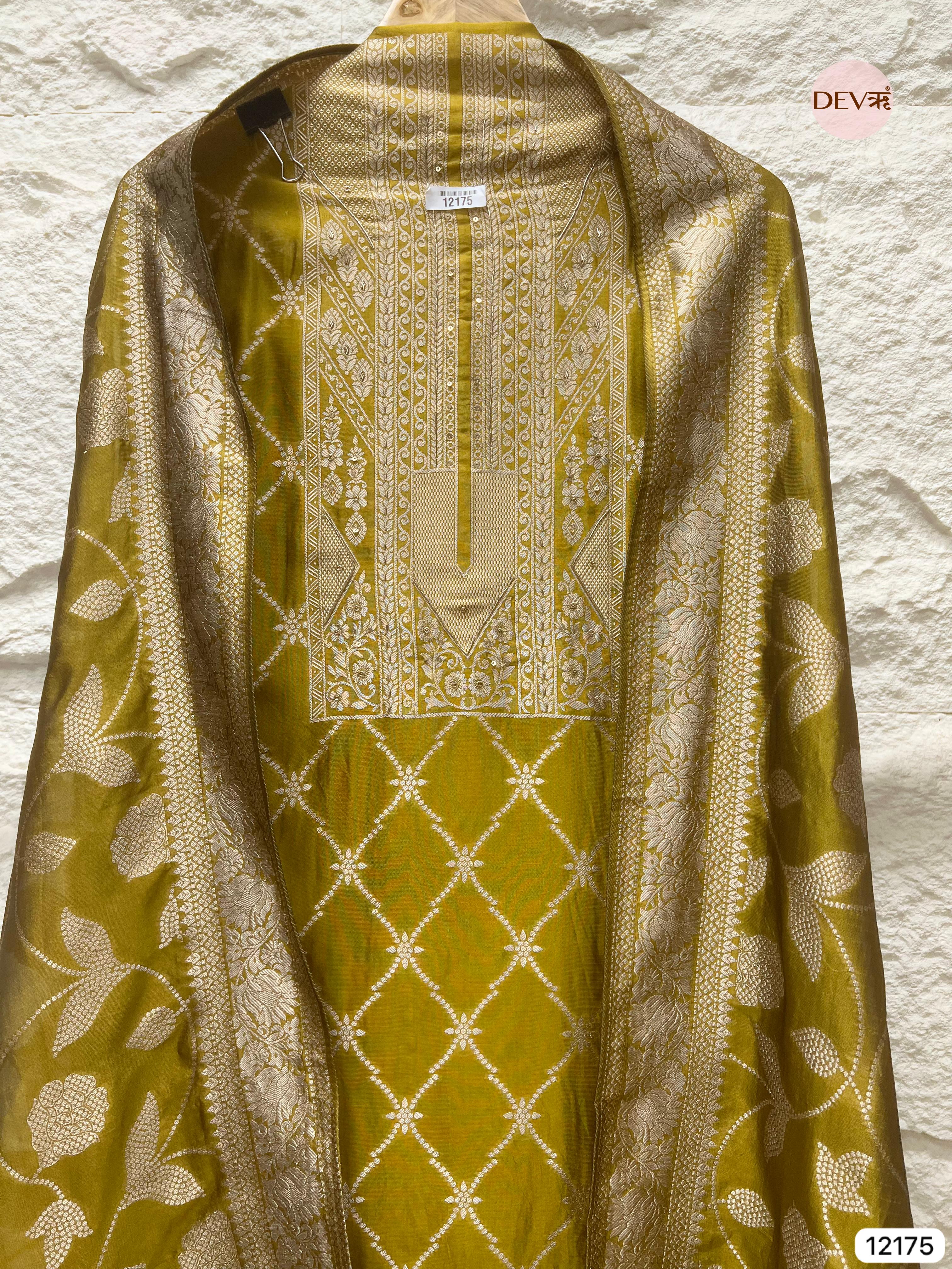 Yellow Pure Banarasi Silk Unstitched Hand Embroidered-Set of 3 - {12175}