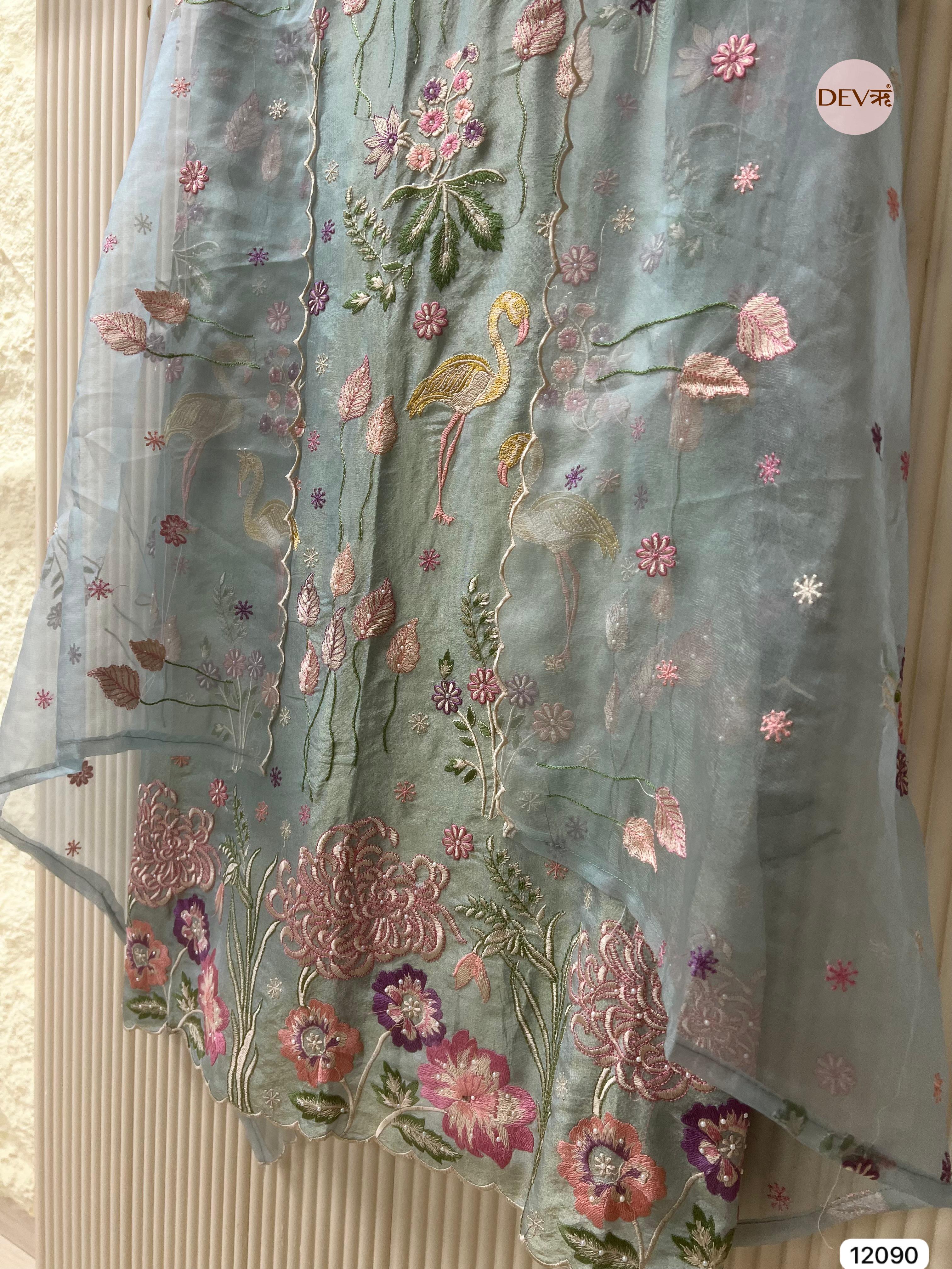 Blue Shimmer Tissue Silk Unstitched Embroidered -Set Of 3 - {12090}