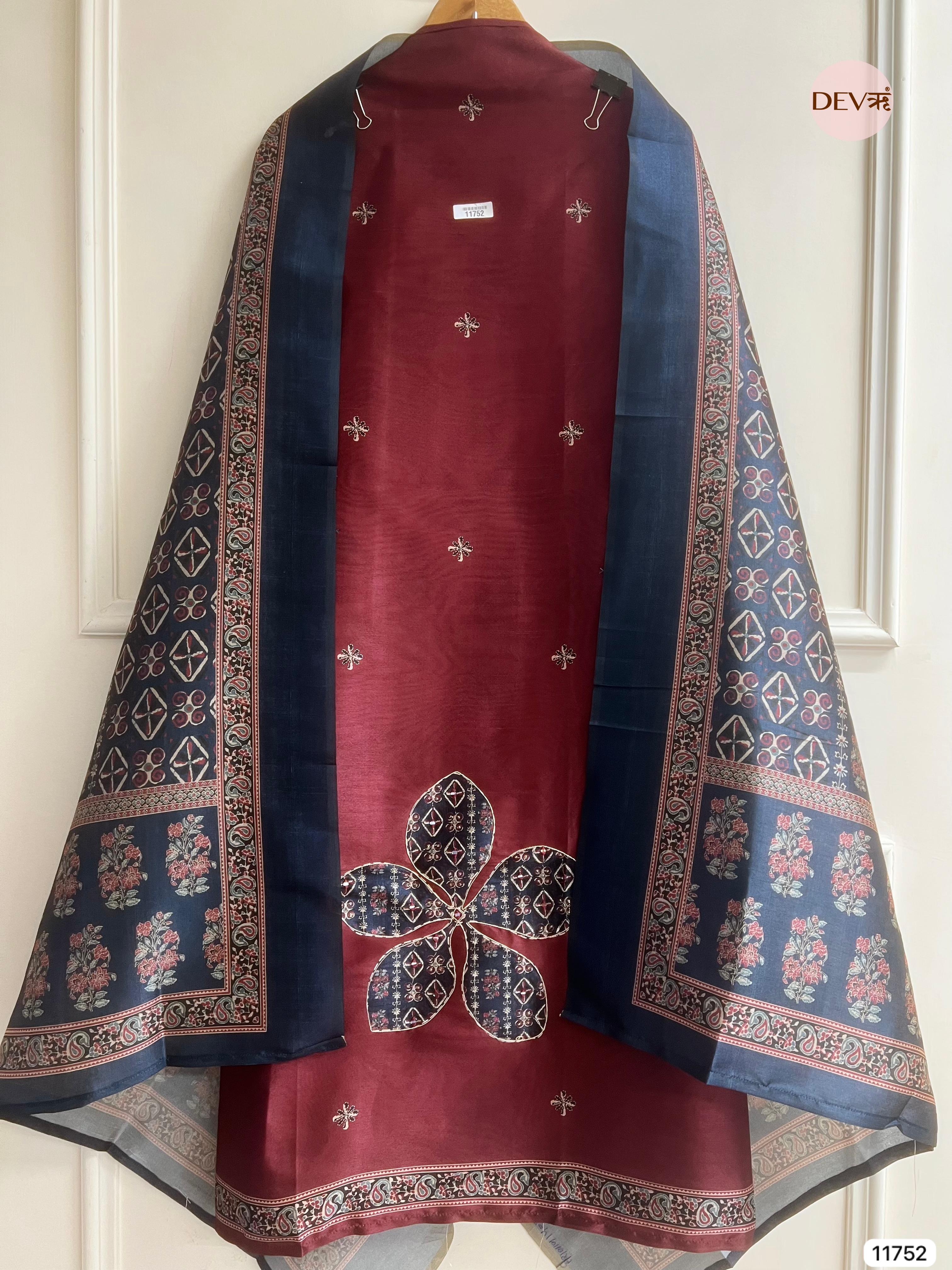 Maroon Raw Silk Unstitched Hand Applique Work Embroidered -Set Of 3 - {11752}