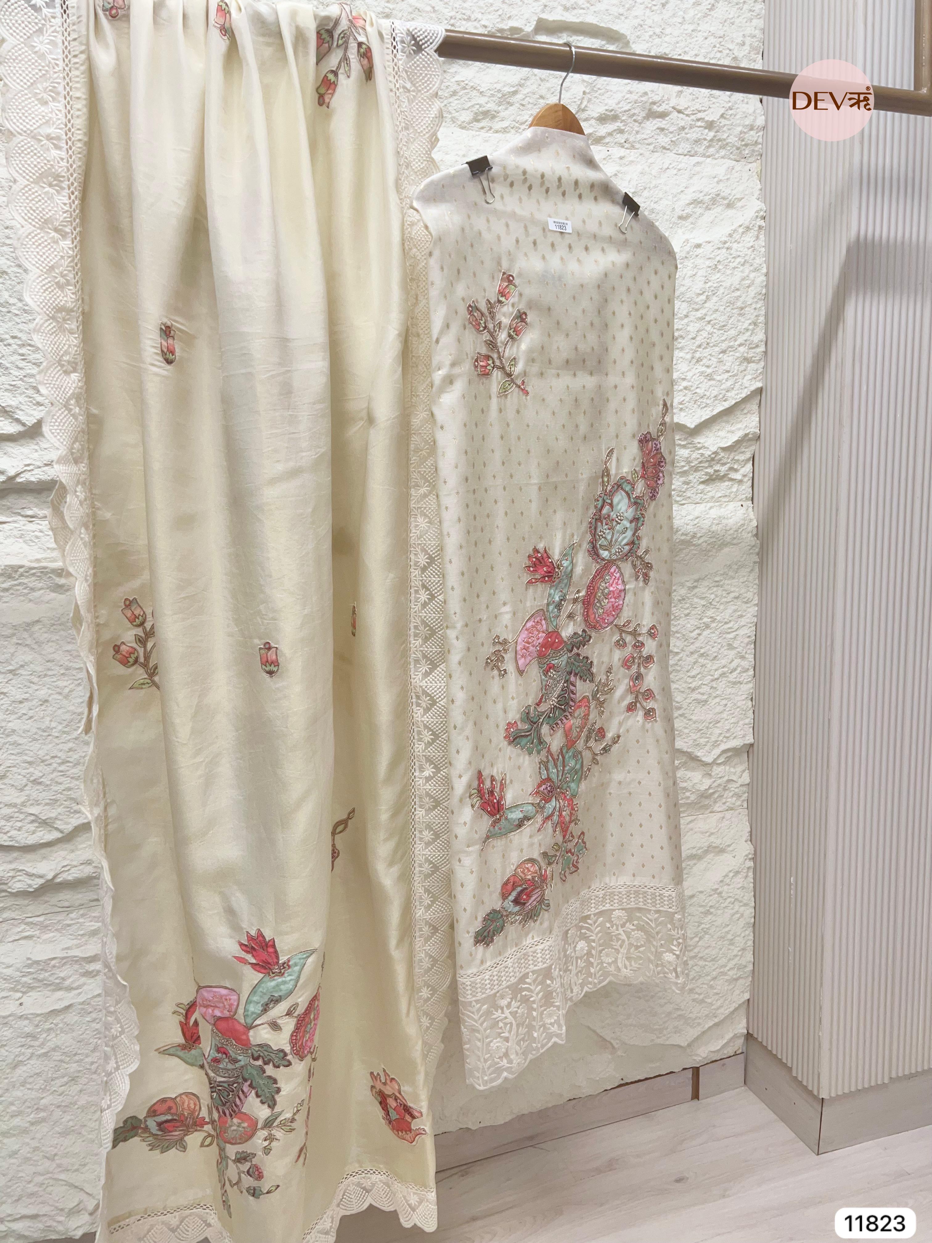 Off White Pure Shimmer Tissue Silk Unstitched Hand Embroidered -Set Of 3 - {11823}