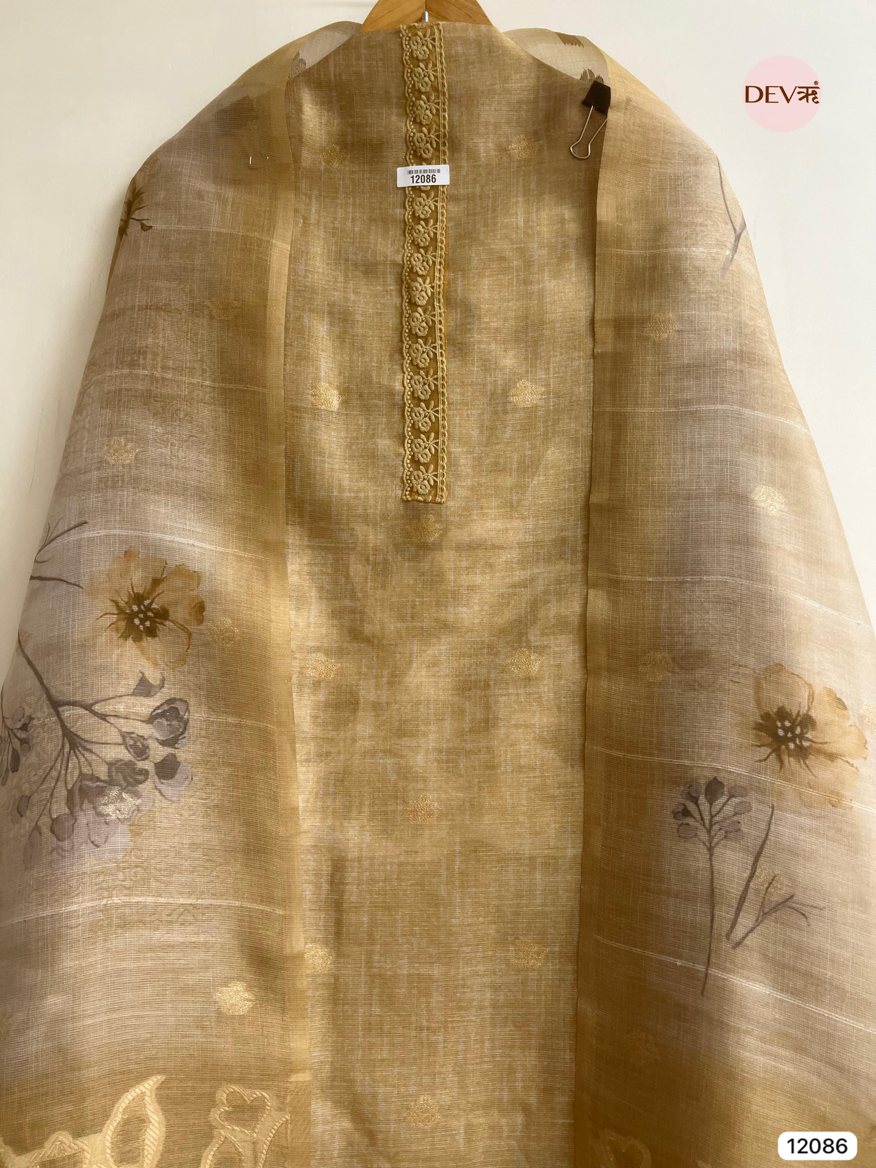 Golden Pure Raw Unstitched Silk Thread Woven Embroidered -Set Of 3 - {12086}