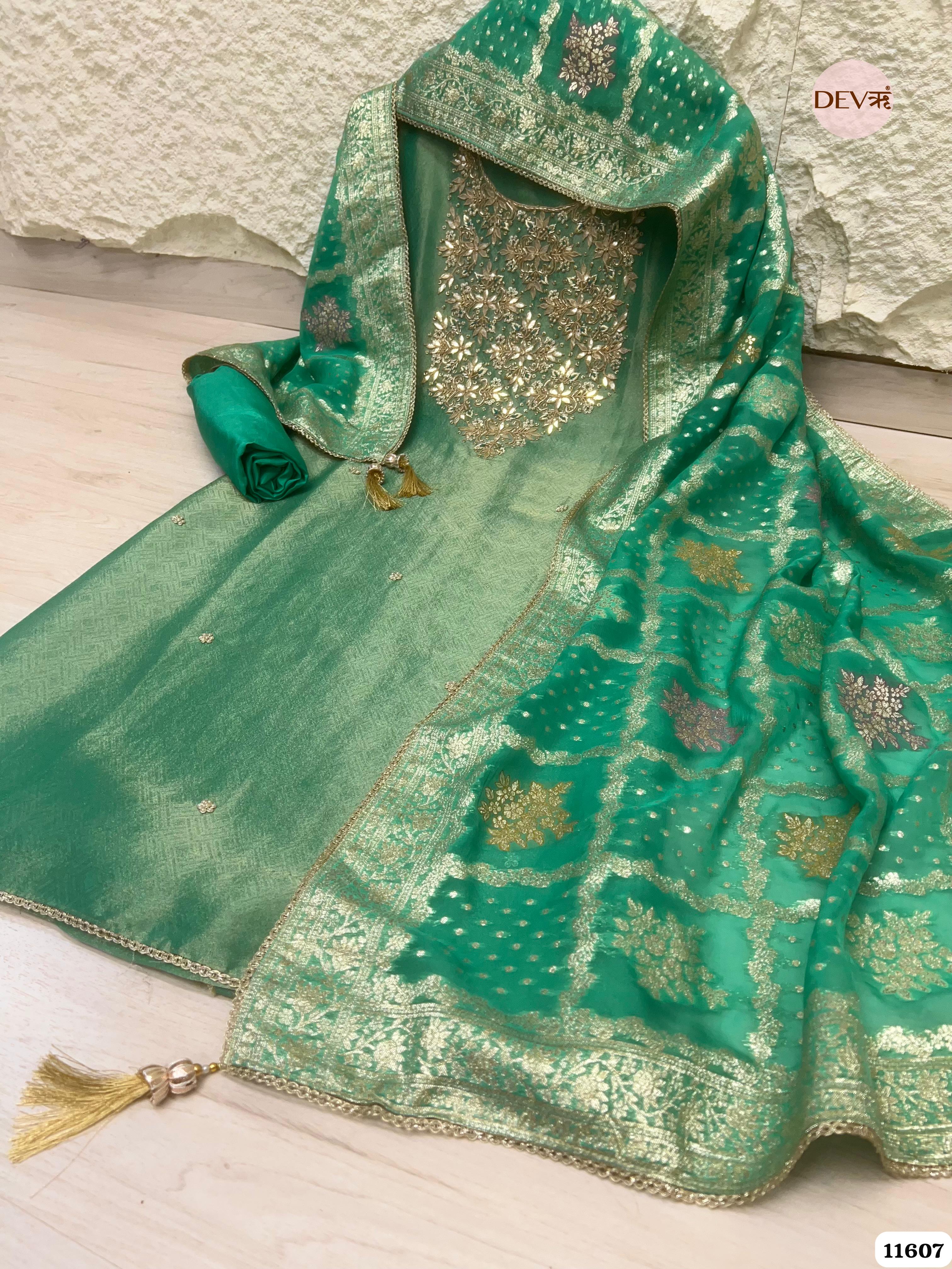 Green Pure Tissue Banarasi Silk Unstitched Hand Embroidered -Set Of 3 {11607}