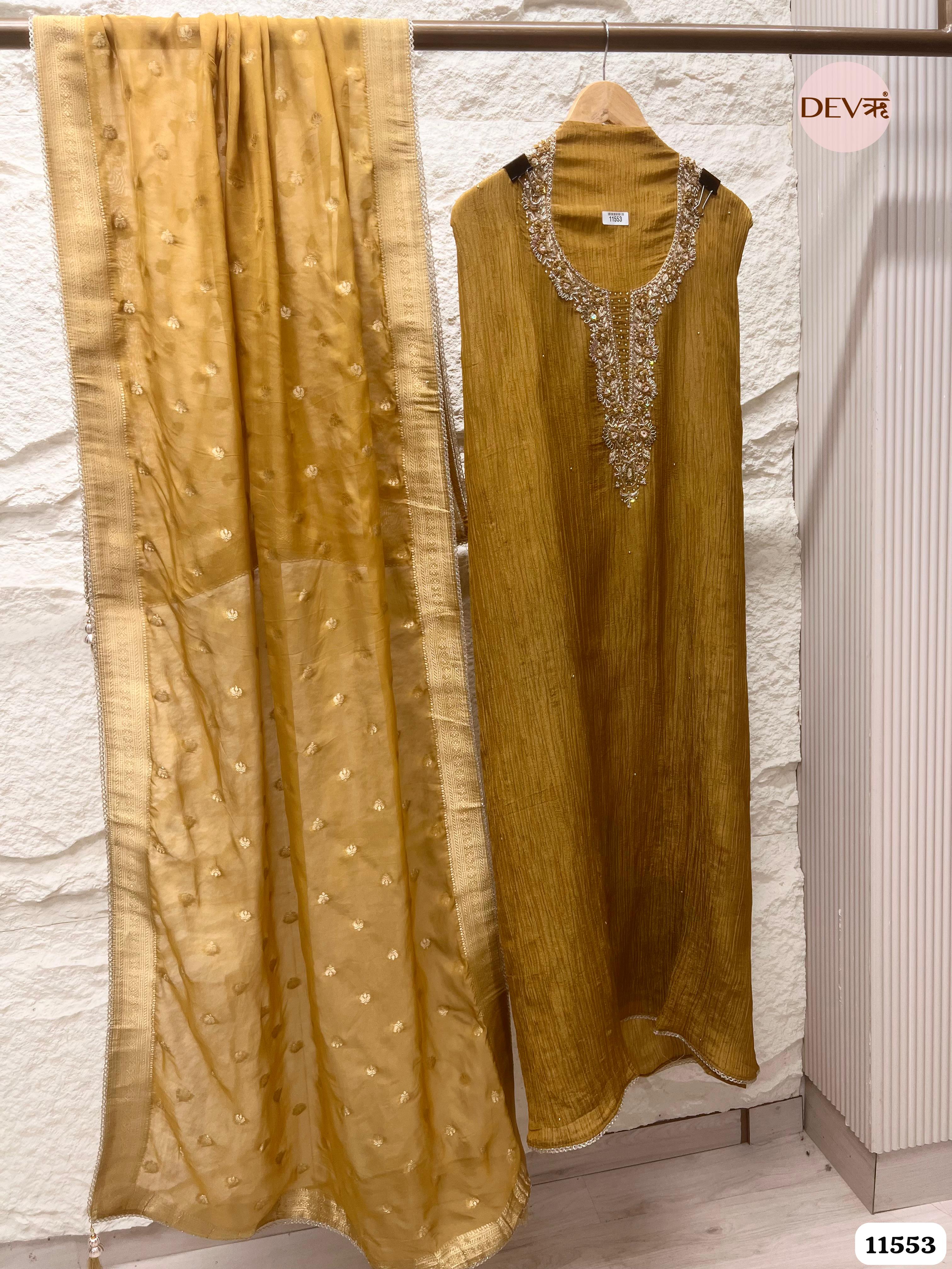 Mustard Yellow Pure Tissue Crush Silk Unstitched Hand Embroidered -Set Of 3 {11553}