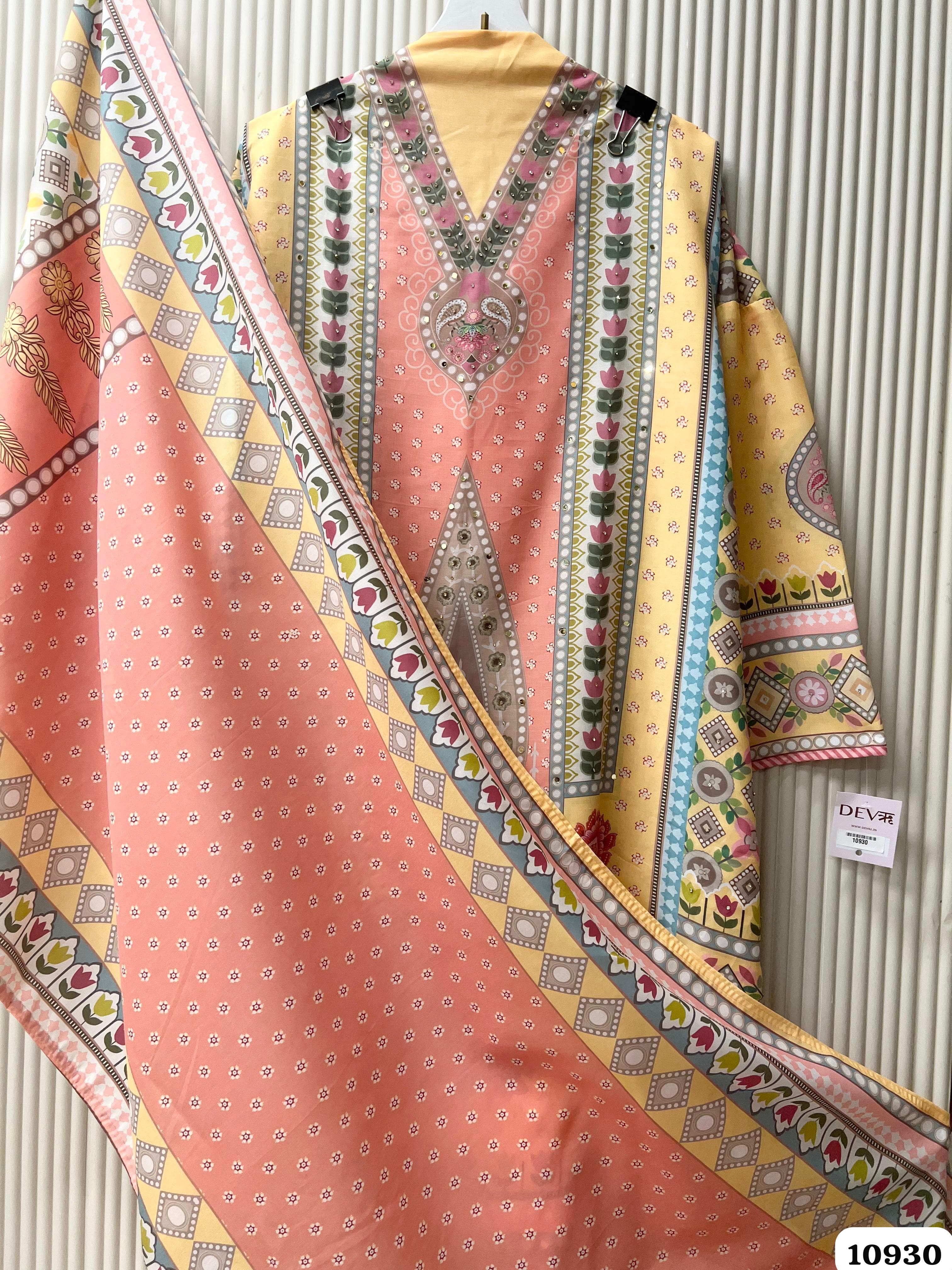 Yellow/Pink Semi Stitched Printed -Set Of 3 {10930}