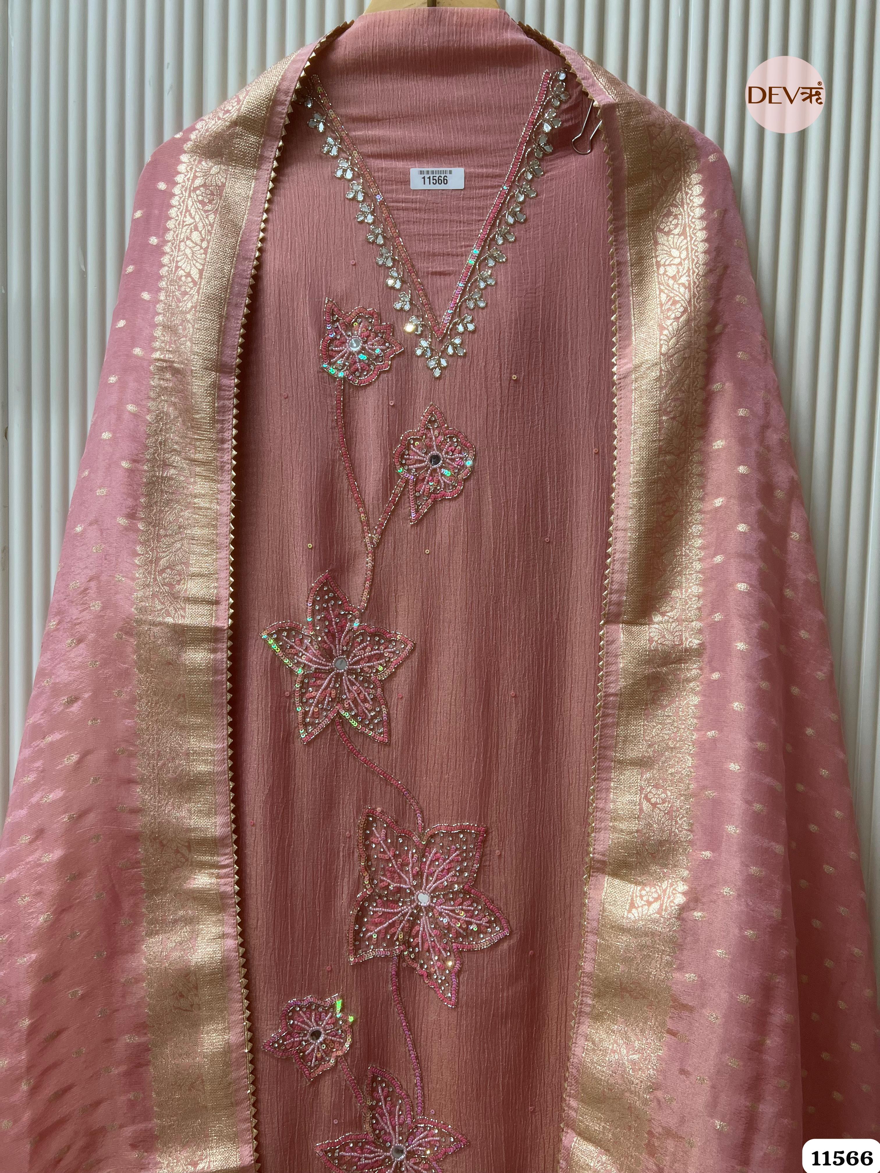 Pink Pure Chinon Unstitched Hand Embroidered -Set Of 3 {11566}