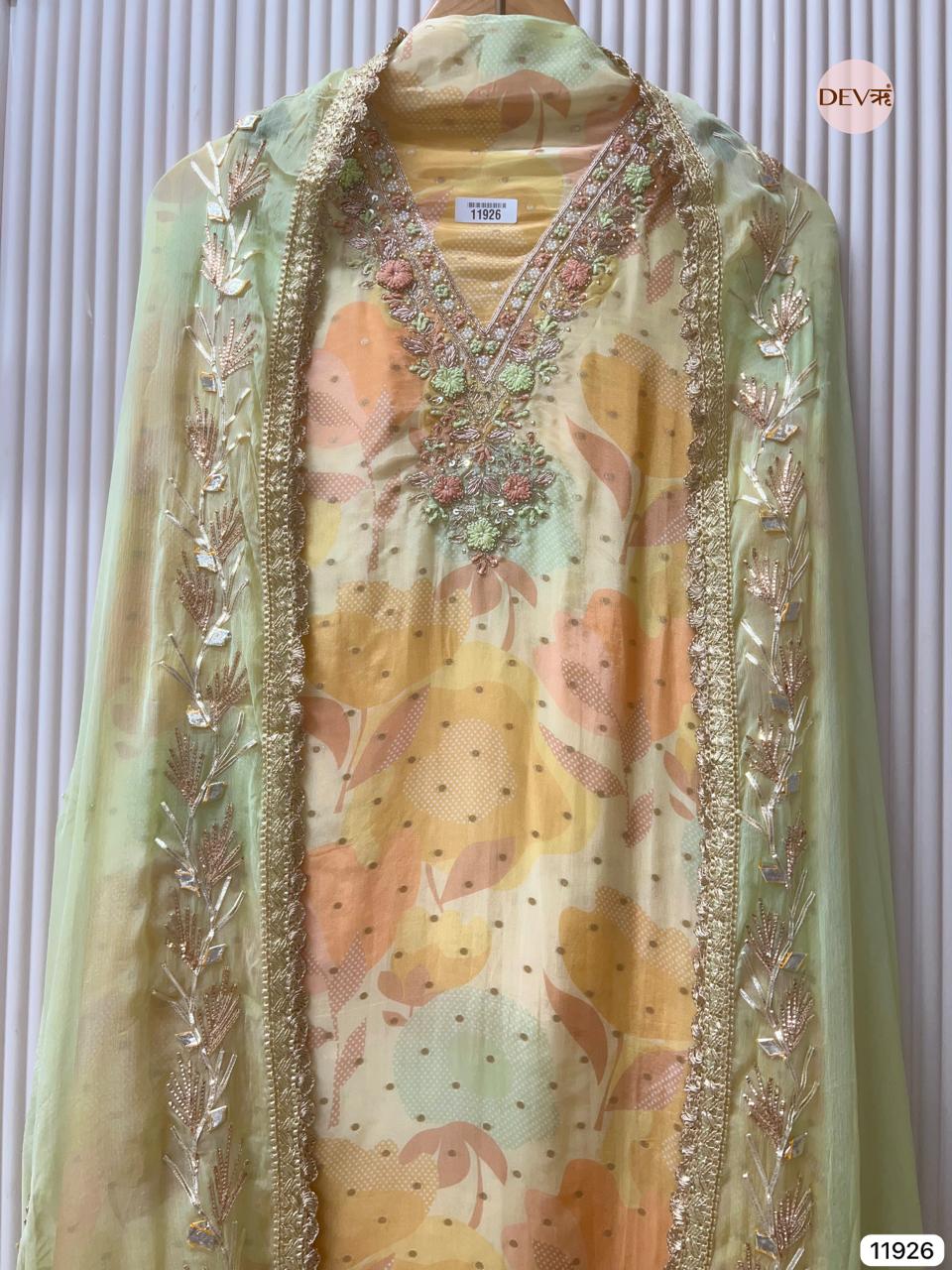 Light Green Glass Tissue Silk Unstitched Printed Hand Embroidered -Set Of 3 - {11926}