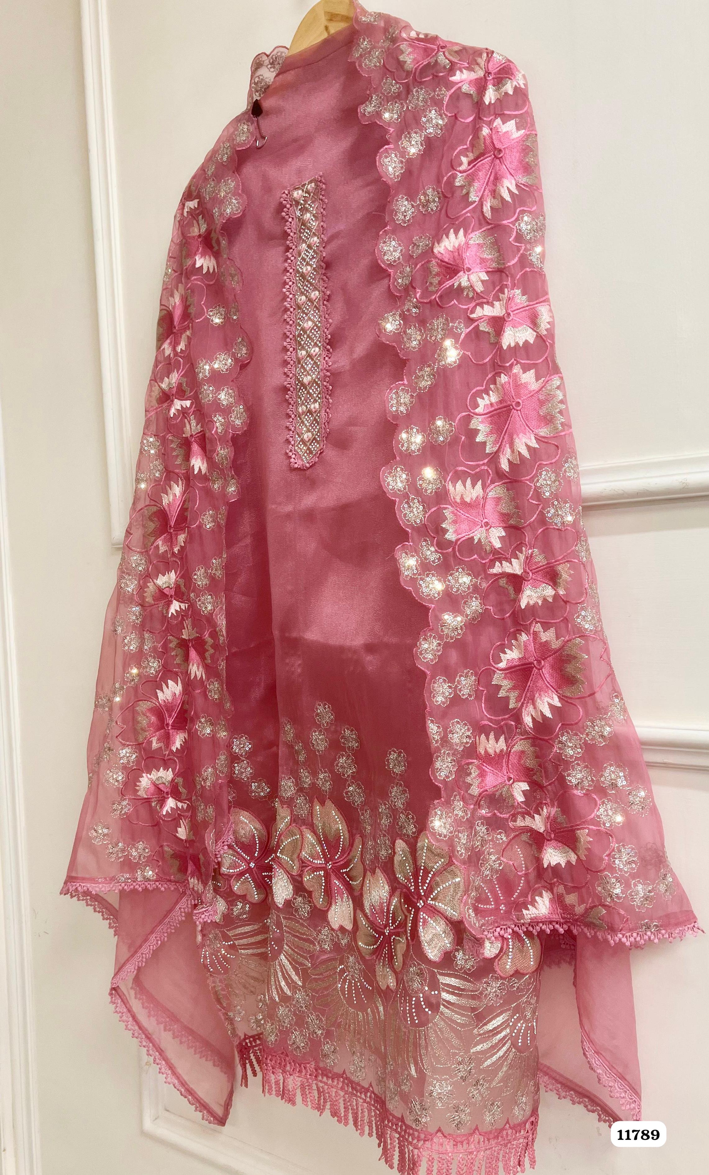 Pink Tissue Silk Unstitched Embroidered -Set Of 3 {11789}