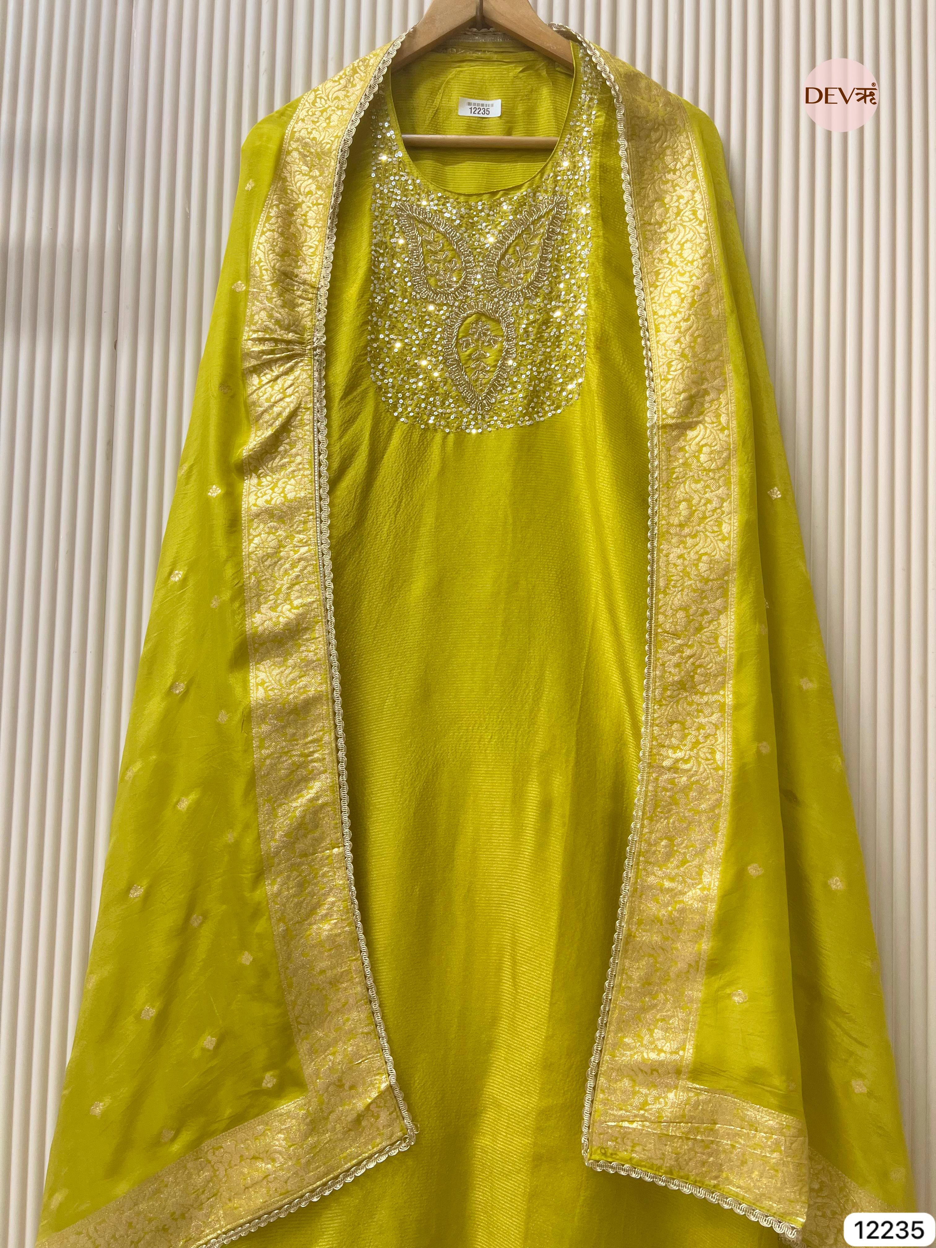 Lime Tissue Shimmer Silk Embroidered Unstitched 3-Piece Suit (Devri – D.No 12235)