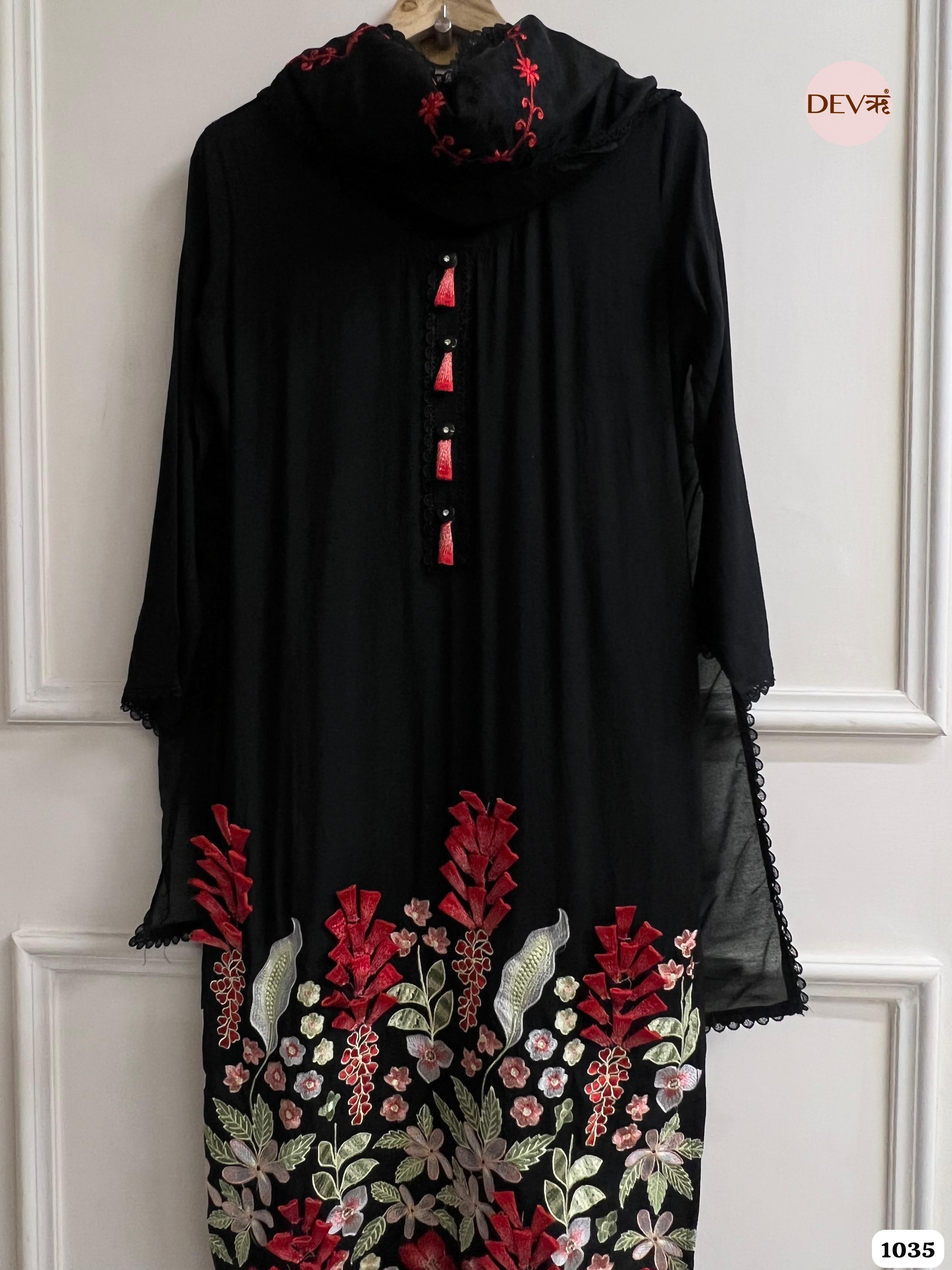 Black Muslin Stiched Embroidered -Set Of 3 {1035}