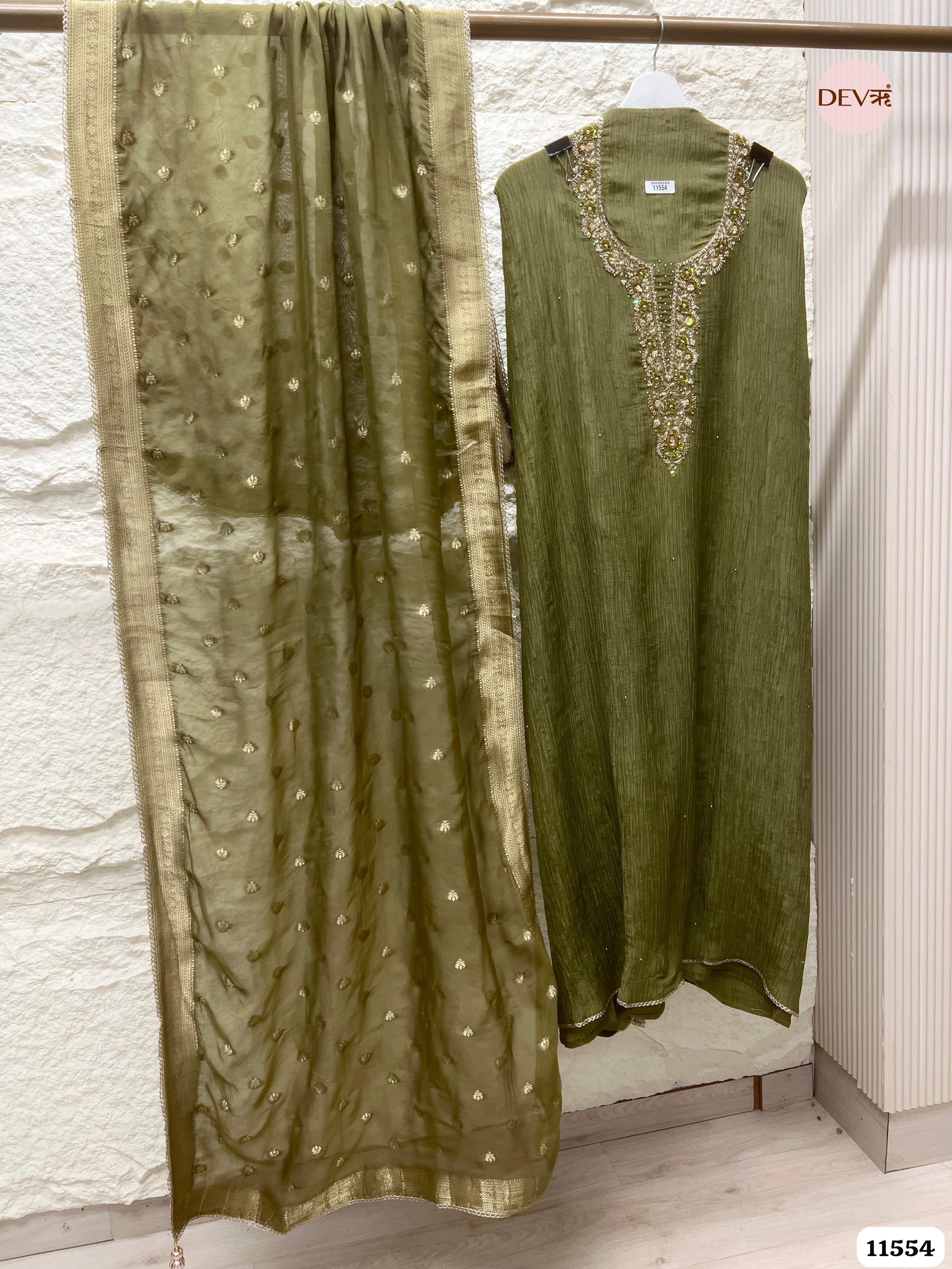 Olive Green Pure Tissue Crush Silk Unstitched Hand Embroidered -Set Of 3 {11554}
