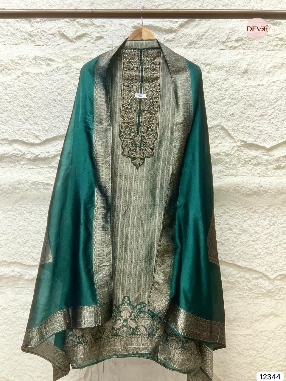 Teal Green Pure Banarasi Silk Woven Unstitched 3-Piece Suit (Devri – D.No 12344)
