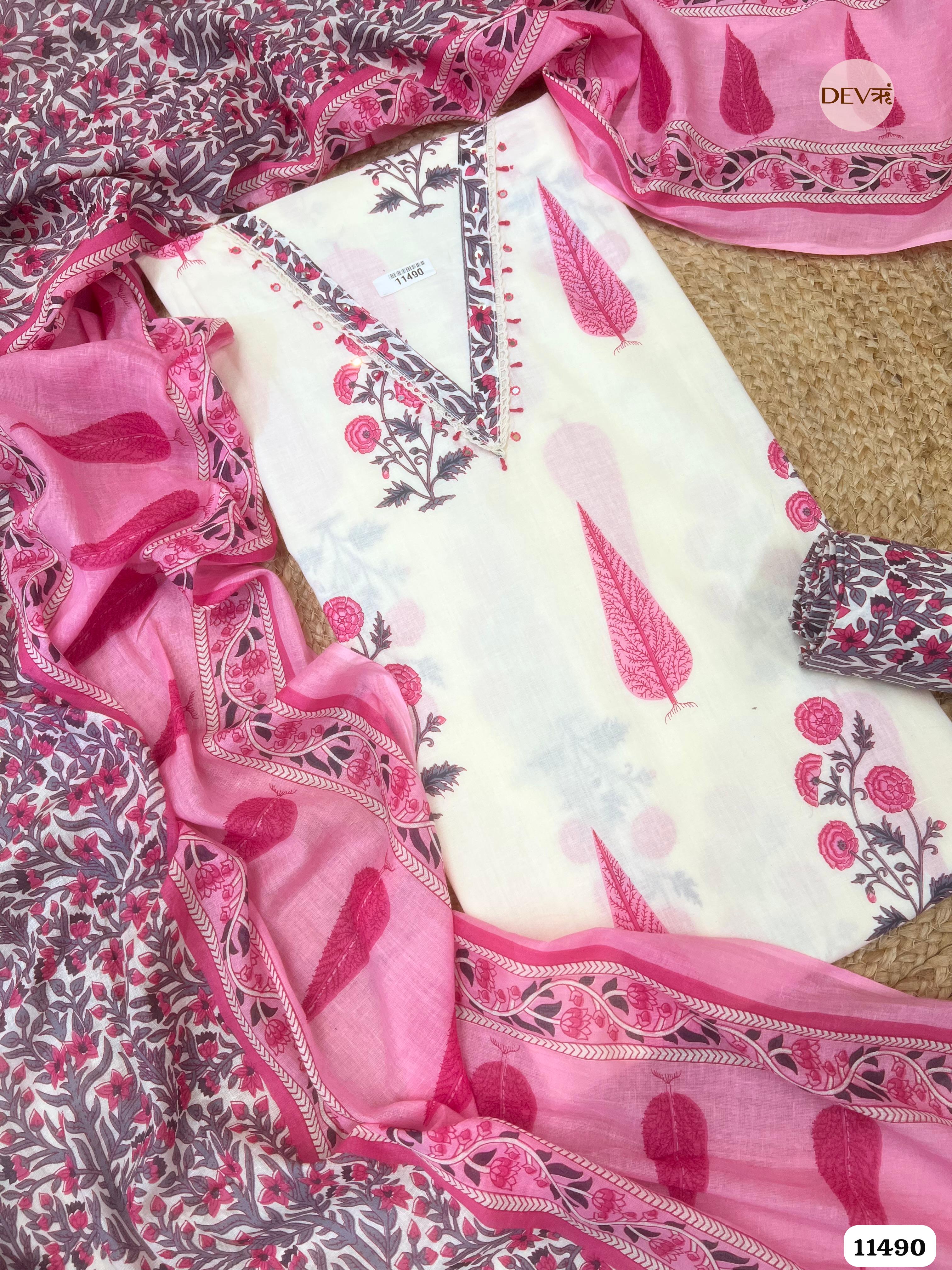 White and pink Pure Cotton Unstitched Printed Embroidered -Set Of 3 {11490}