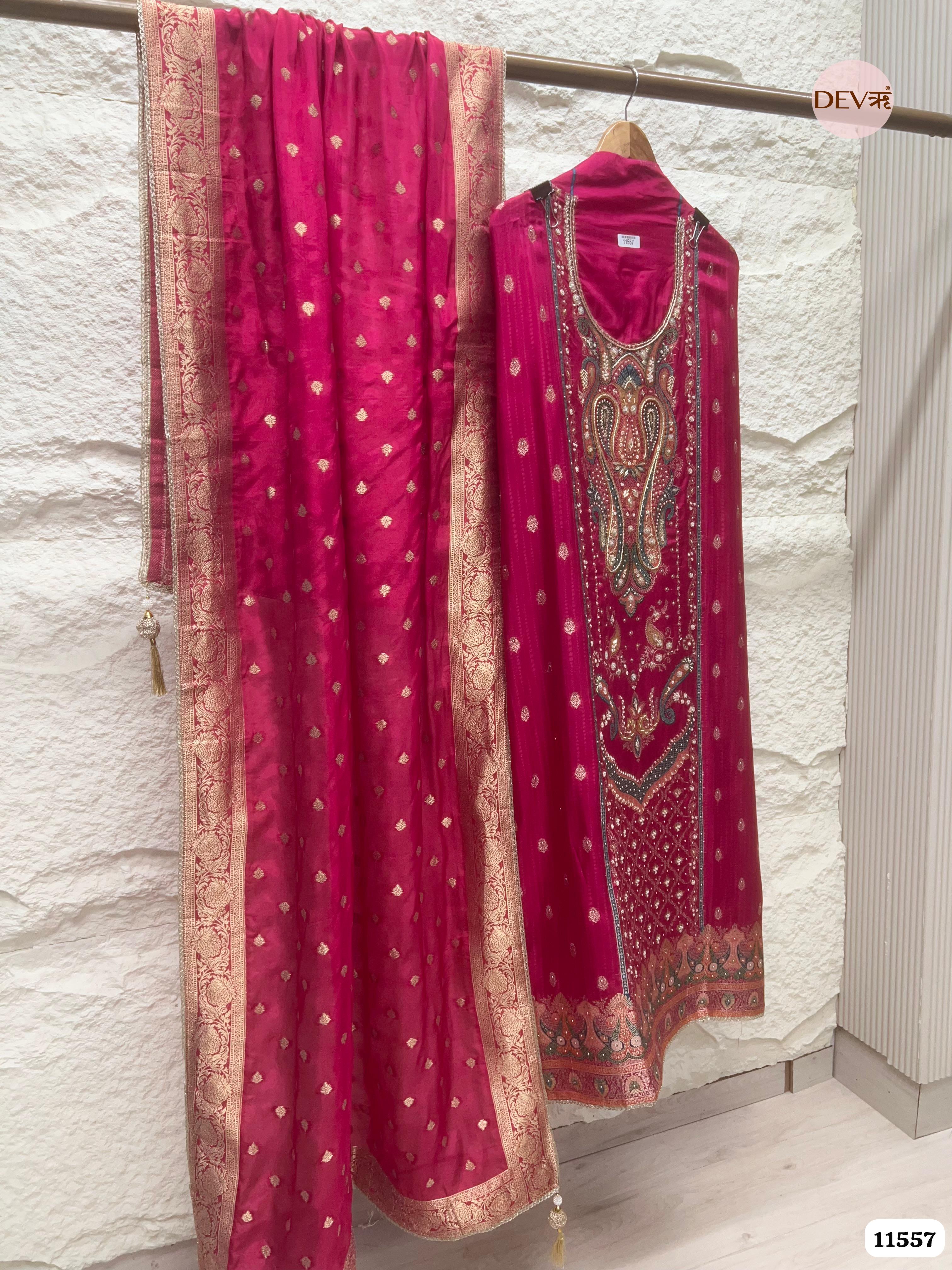 Rani Pink Pure Dola Silk Unstitched Hand Embroidered Banarasi Weave -Set Of 3 {11557}