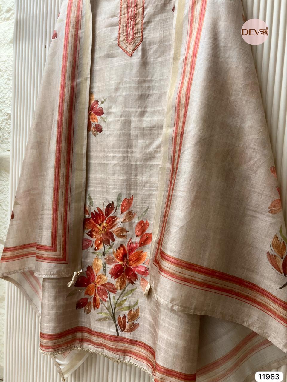 Beige Tusser Silk Printed Unstitched 3-Piece Suit (Devri – D.No 11983)