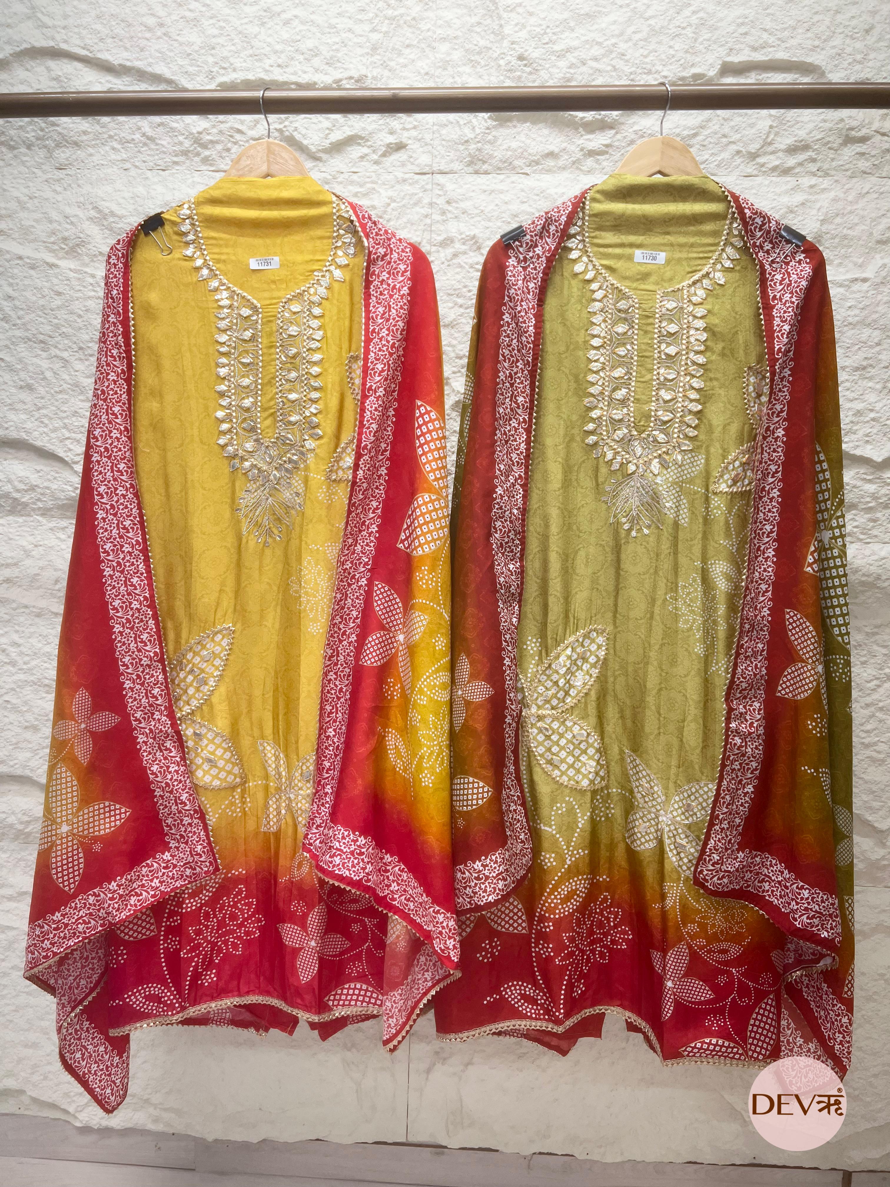 Yellow Russian Silk Semi Stitched Printed Hand Embroidered -Set Of 3- {11731}