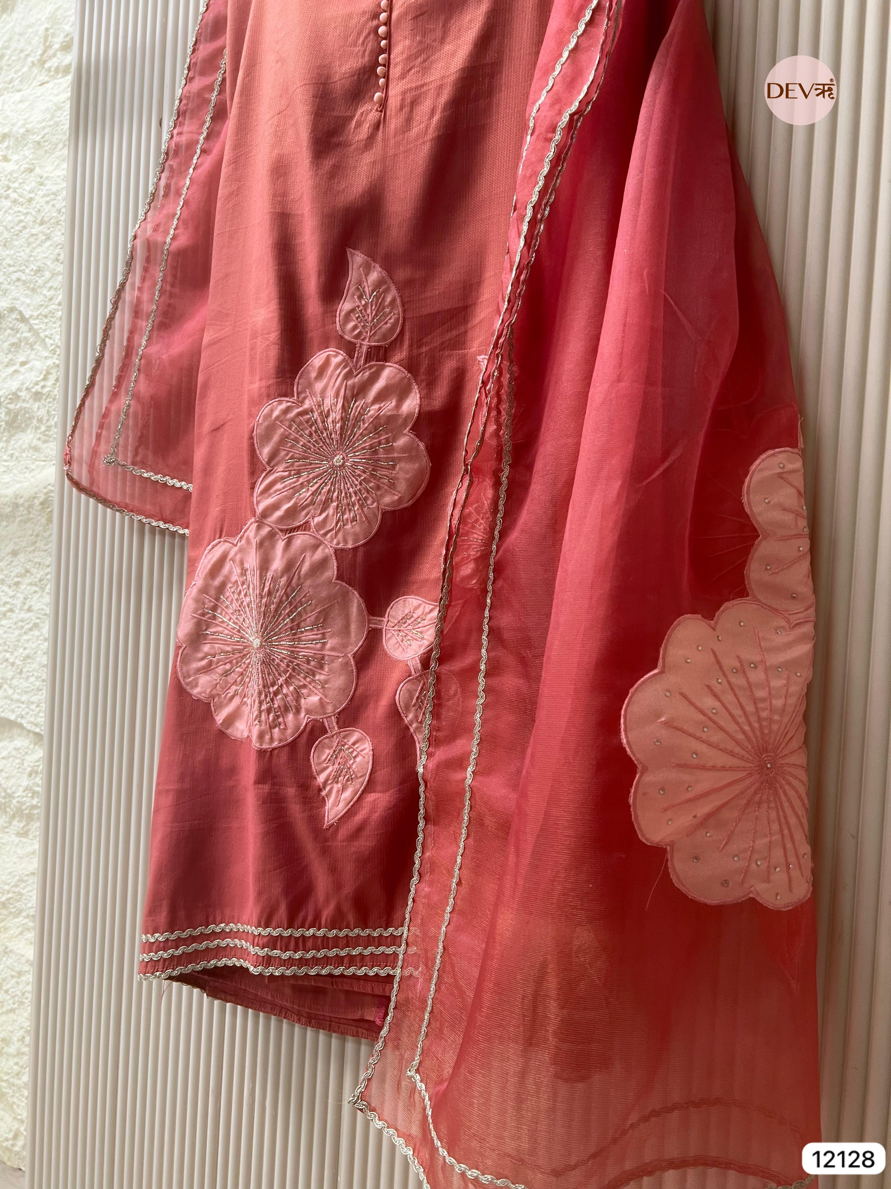 Red Shimmer silk Unstitched Applique Embroidered -Set Of 3 - {12128}