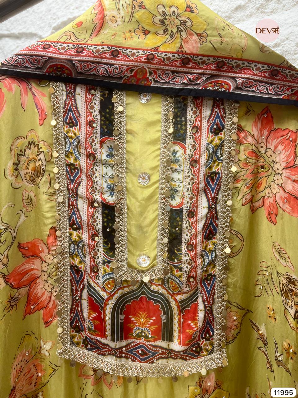 Green Soft Organza Silk Semi Stitched Pakistani Printed Hand Embroidered -Set Of 3 - {11995}