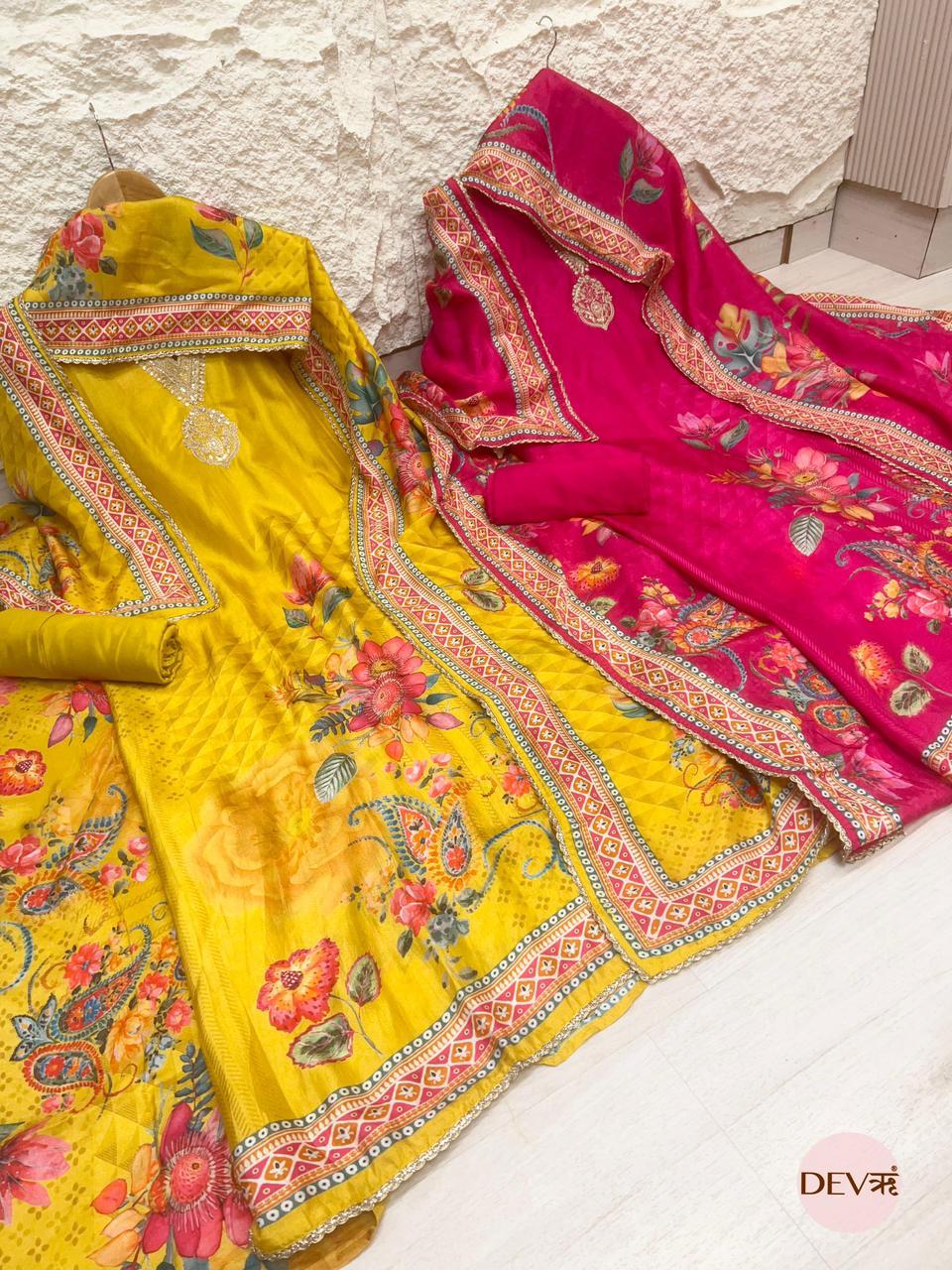 Magenta Russian Silk Printed Unstitched 3-Piece Suit (Devri – D.No 11910)