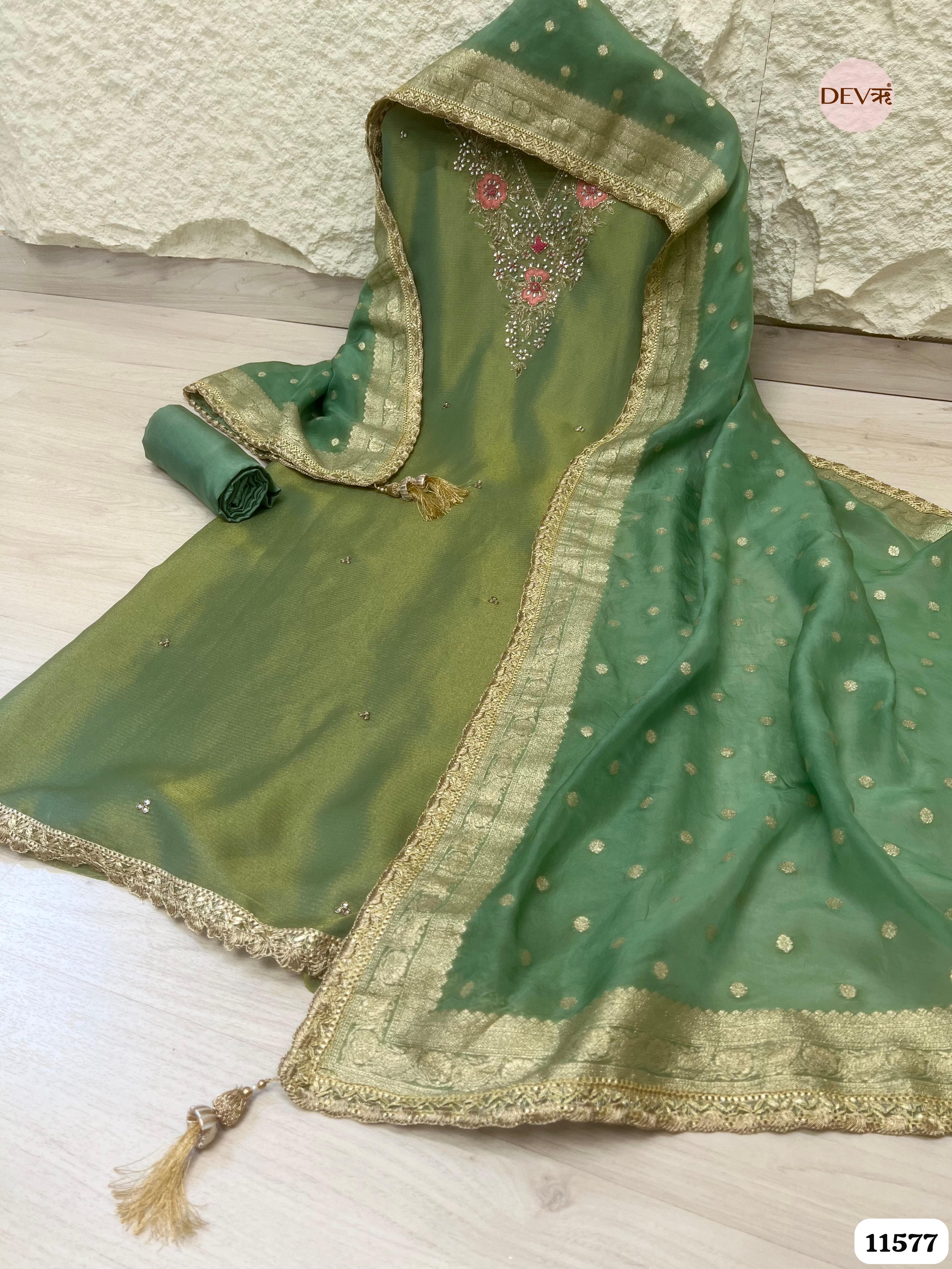 Green Pure Tissue Silk Unstitched Hand Embroidered -Set Of 3 {11577}