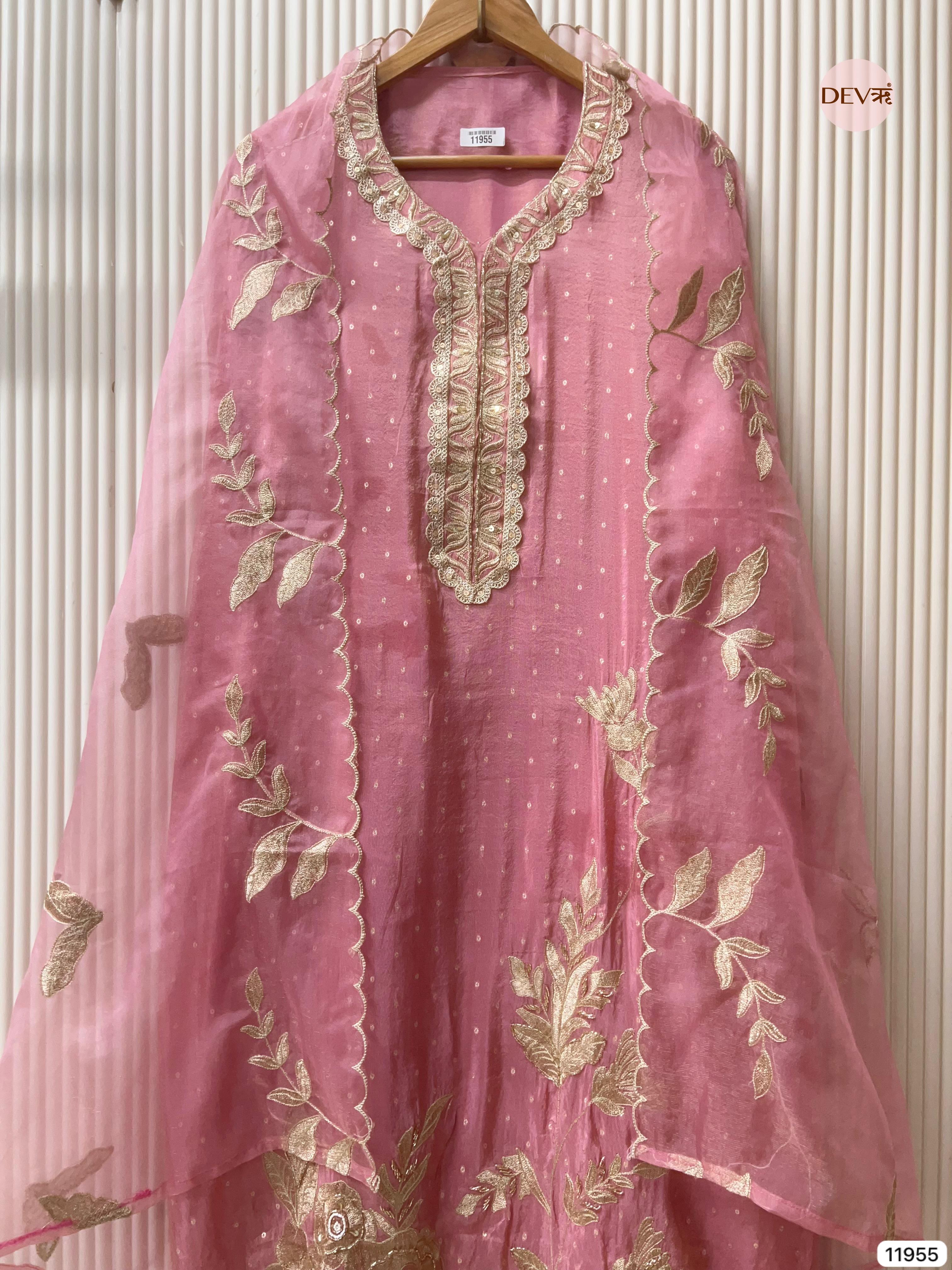 Pink Tissue Silk Unstitched Banarasi Weave Embroidered -Set Of 3 - {11955}