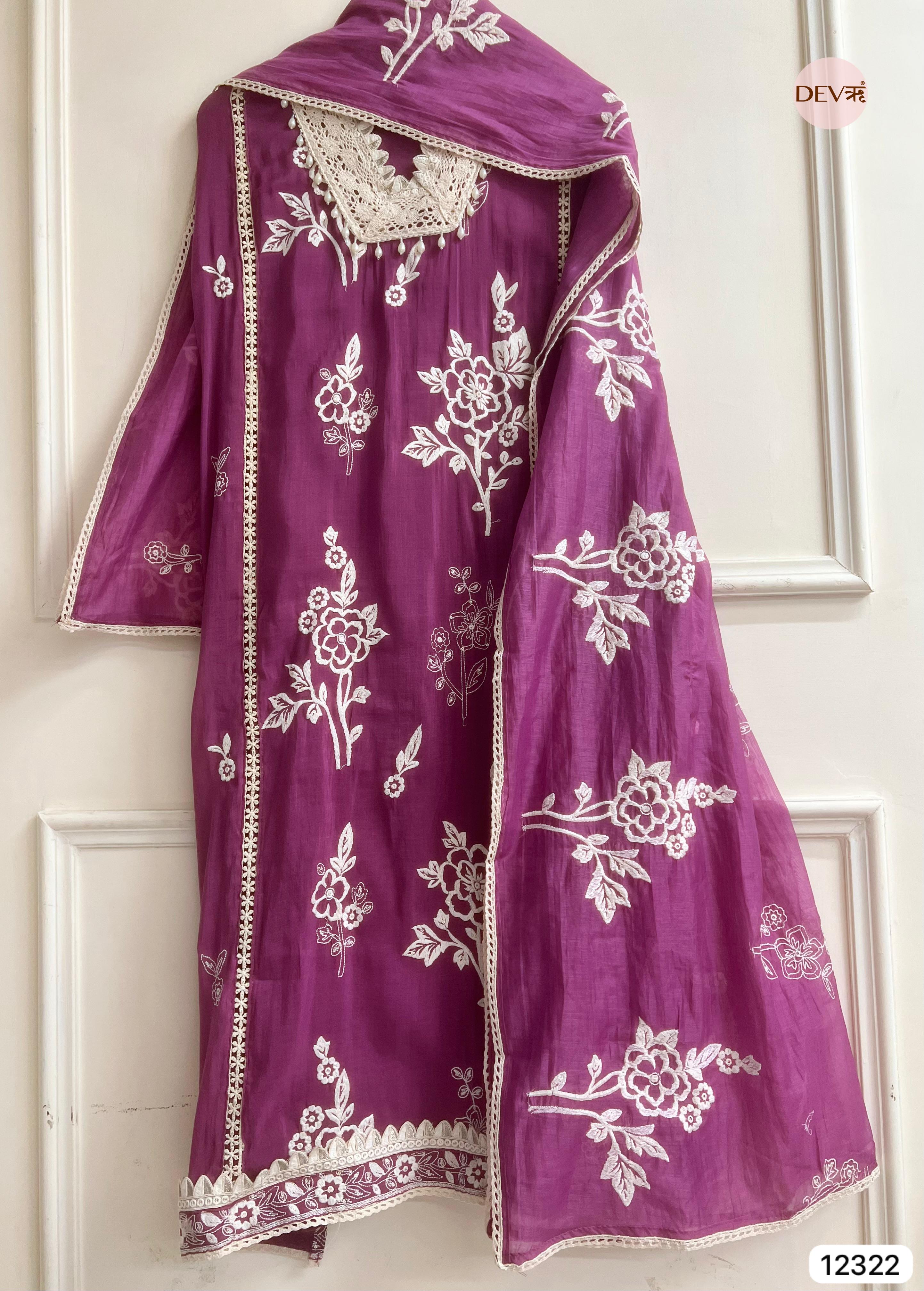 Royal Plum Mul Chanderi Embroidered Unstitched 3-Piece Suit (Devri – D.No 12322)