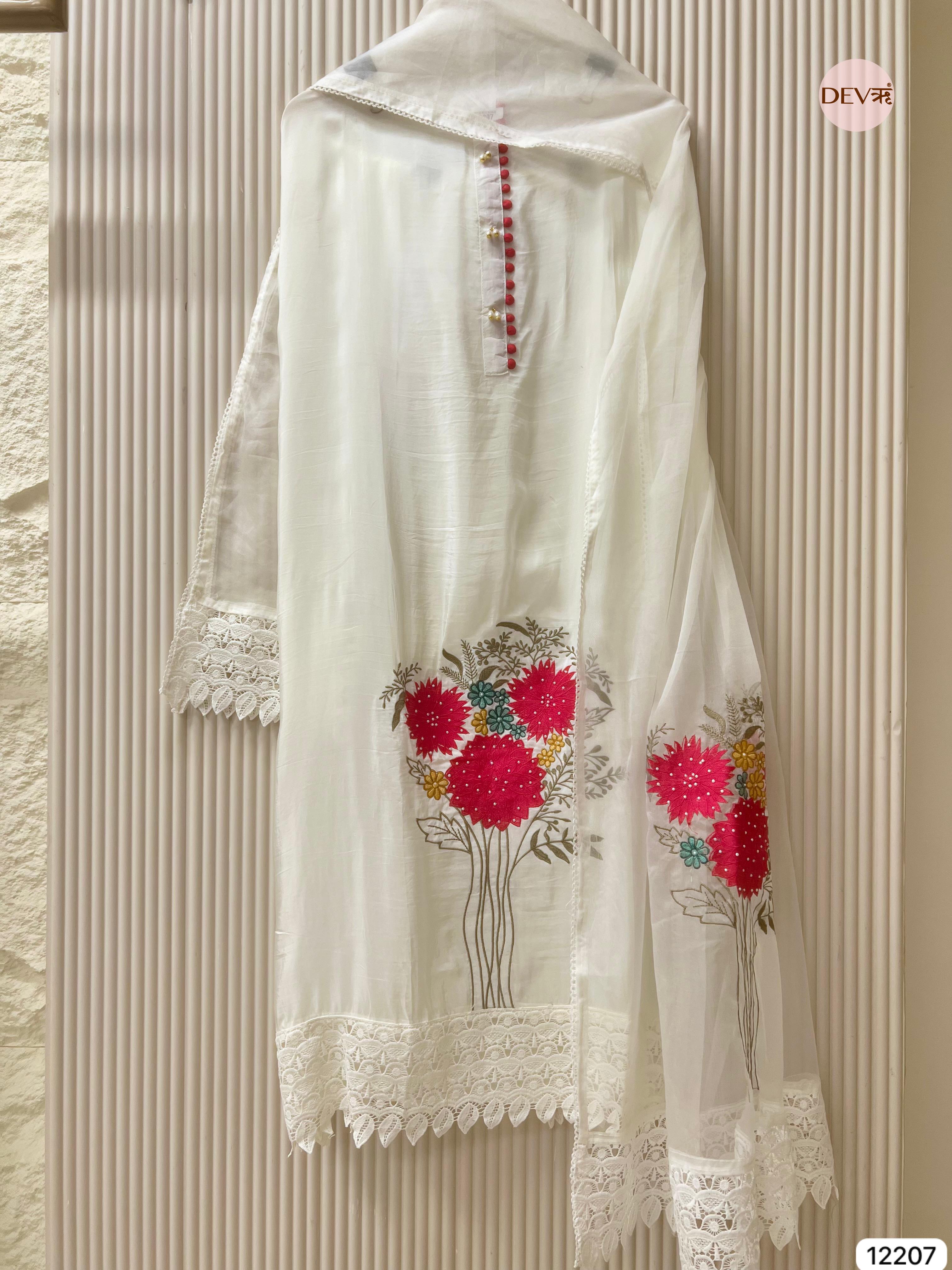 White Glass Organza Embroidered Unstitched 3-Piece Suit (Devri – D.No 12207)