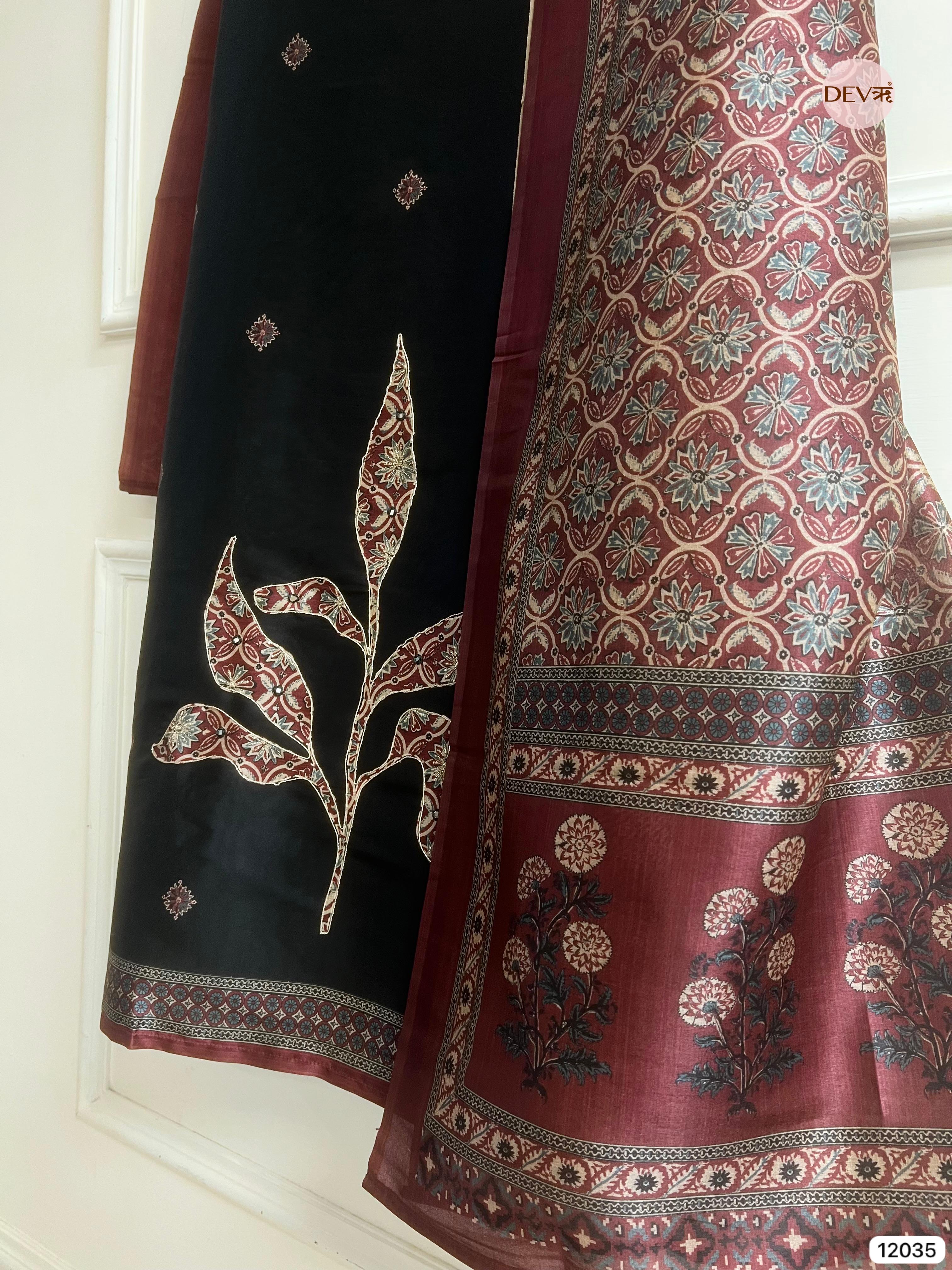 Black Raw Silk Unstitched Hand Applique Work Embroidered -Set Of 3 - {12035}