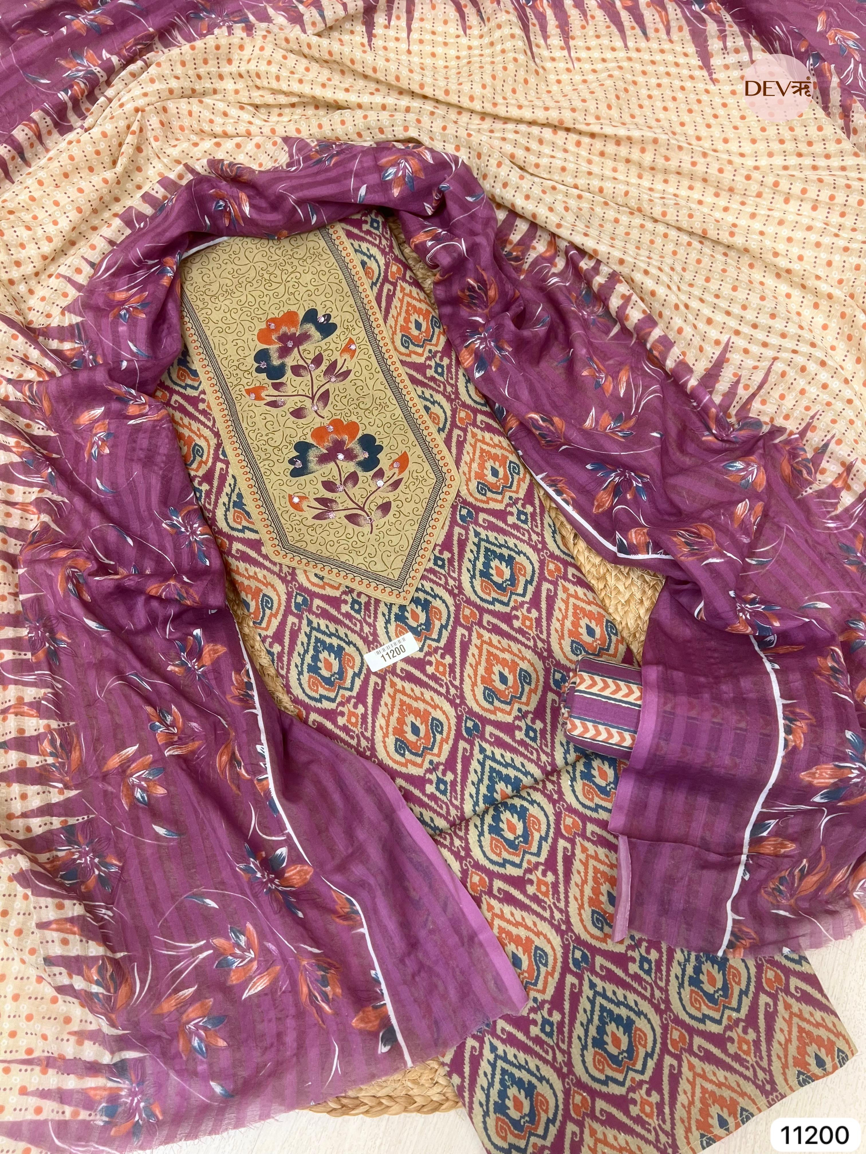 {11200} Purple Pure Cotton unstitched Printed Embroidered -Set Of 3