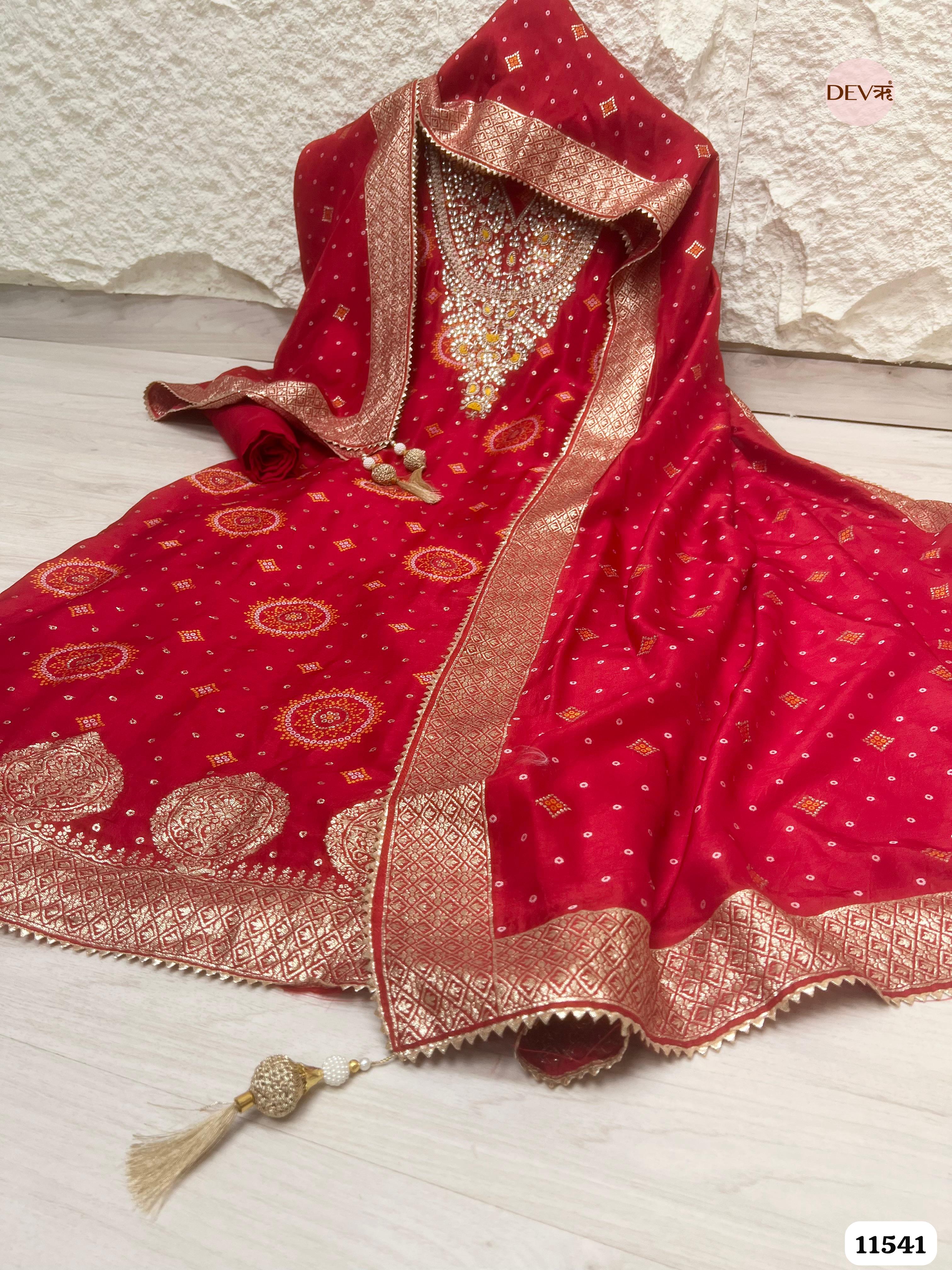 Red Pure Russian Silk Banarasi Woven Unstitched Hand Embroidered -Set Of 3 {11541}