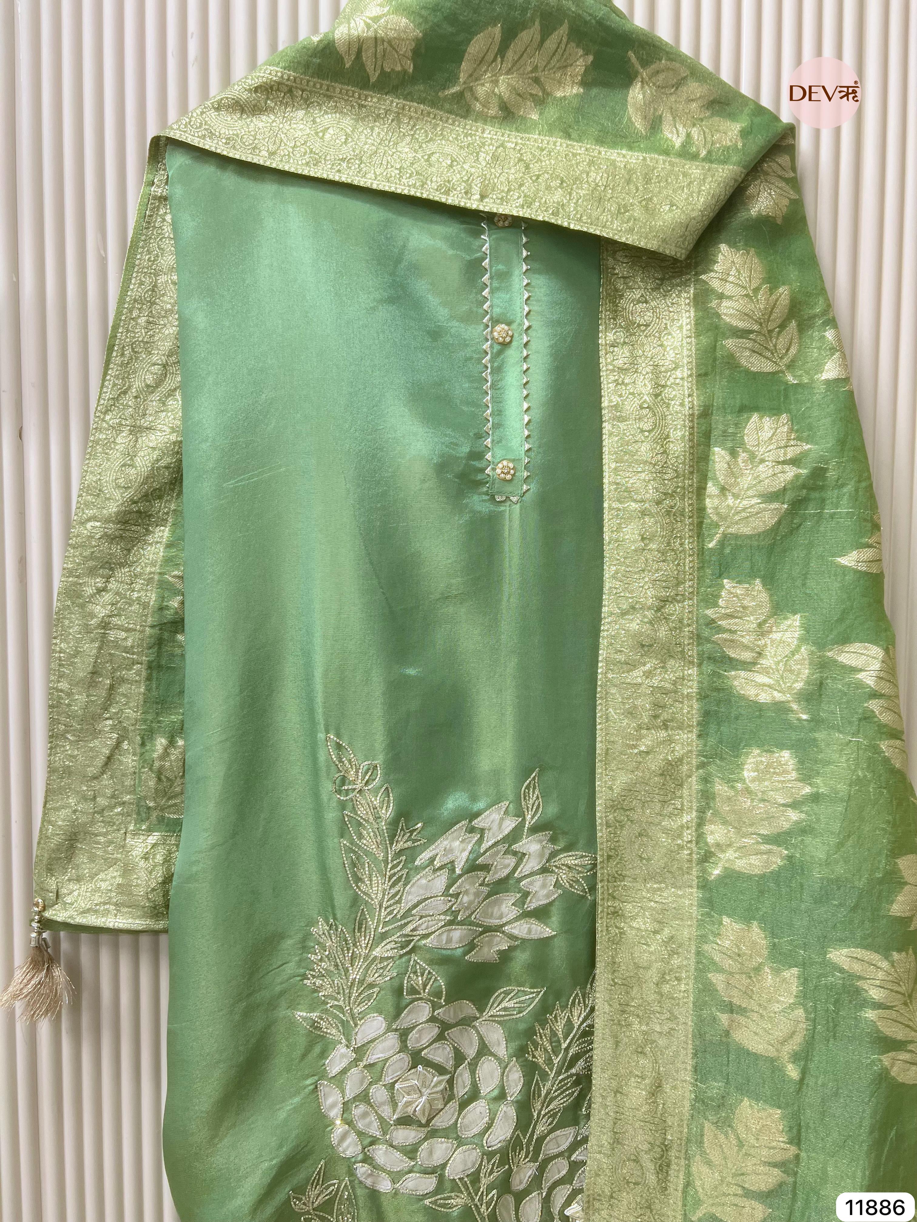 Green Tissue Shimmer Silk Unstitched Hand Embroidered -Set Of 3 - {11886}