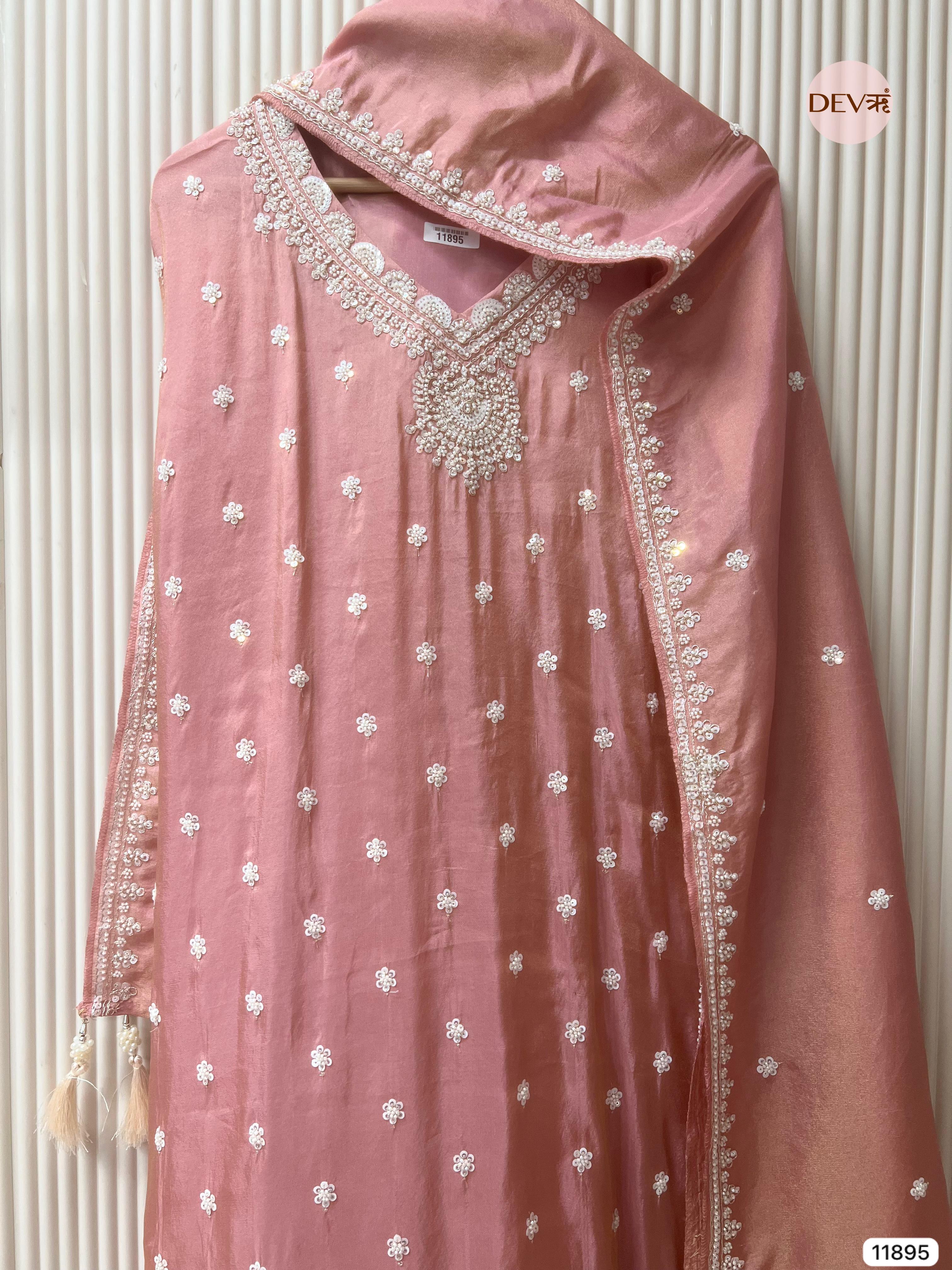 Dusty Pink Shimmer Tissue Silk Unstitched Embroidered -Set Of 3 - {11895}