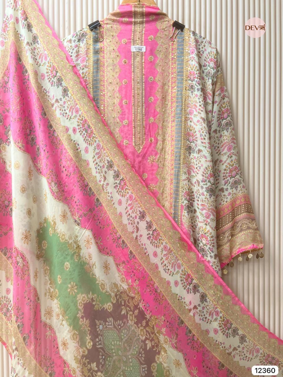 Pink Organza Printed Unstitched 3-Piece Suit (Devri – D.No 12360)