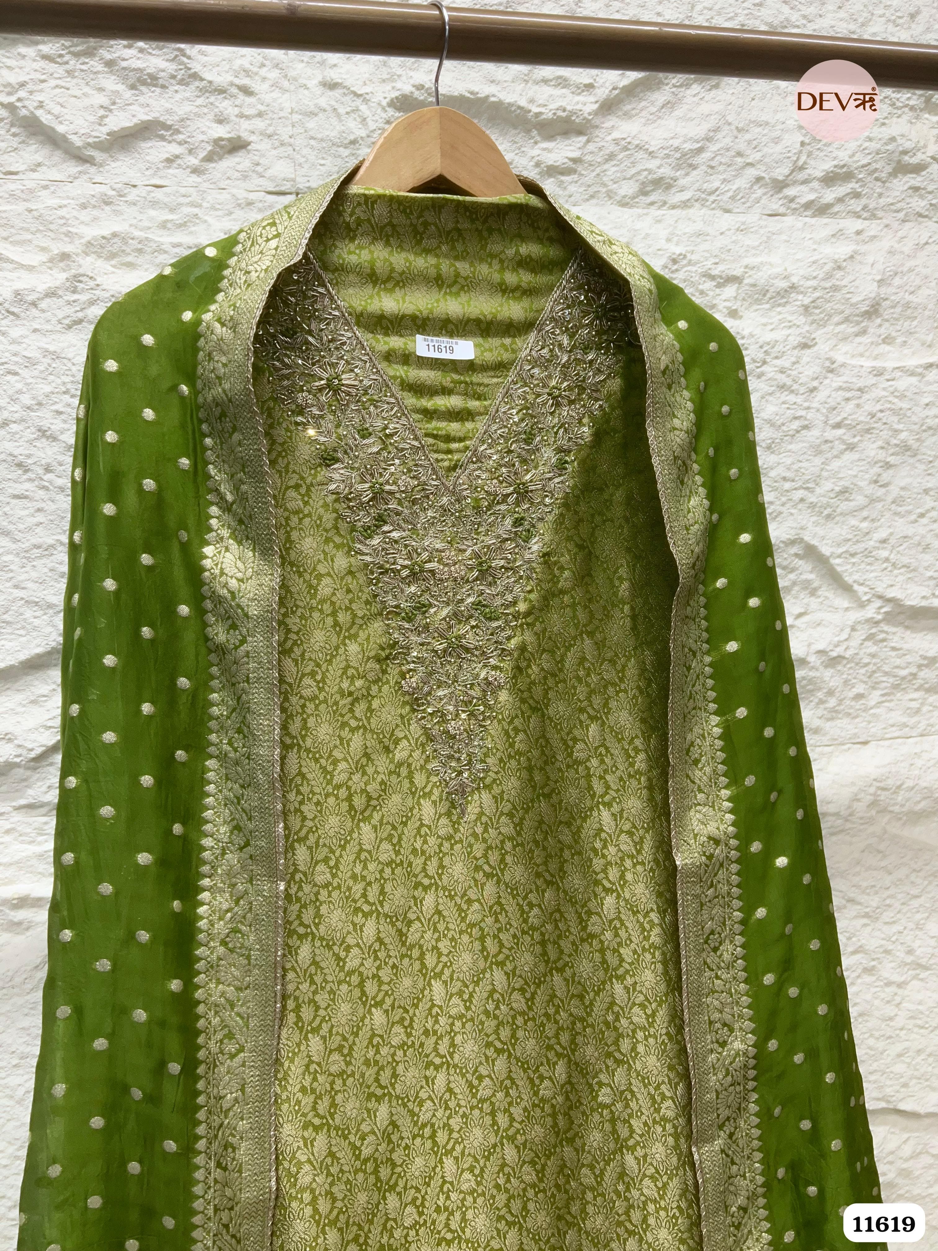 Green Pure Tissue Banarasi Silk Unstitched Hand Embroidered -Set Of 3 {11619}