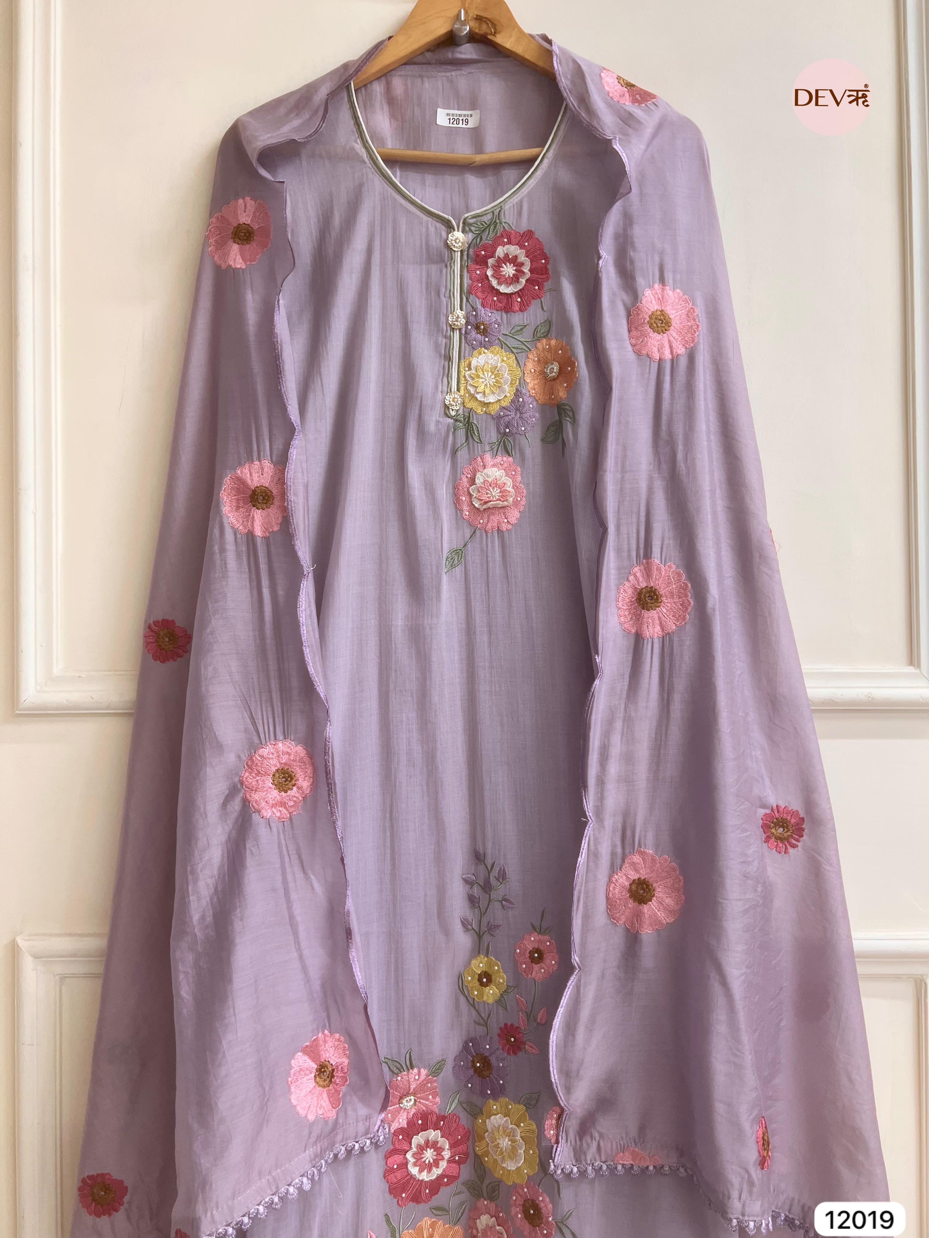 Purple Pure Mul Chanderi Unstitched Embroidered -Set Of 3 - {12019}