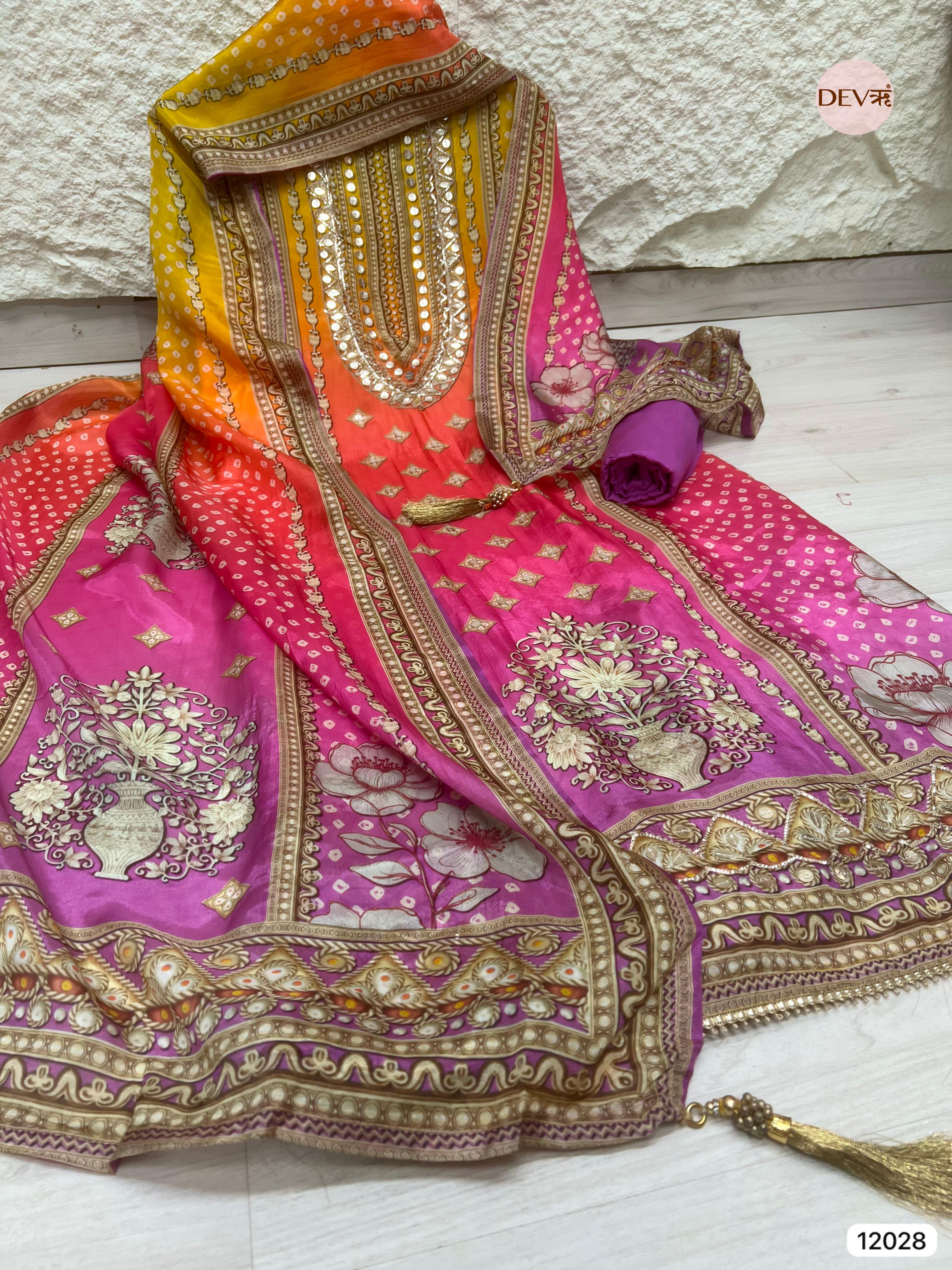 Multi Colour Glass Unstitched Printed Hand Embroidered -Set Of 3 - {12028}