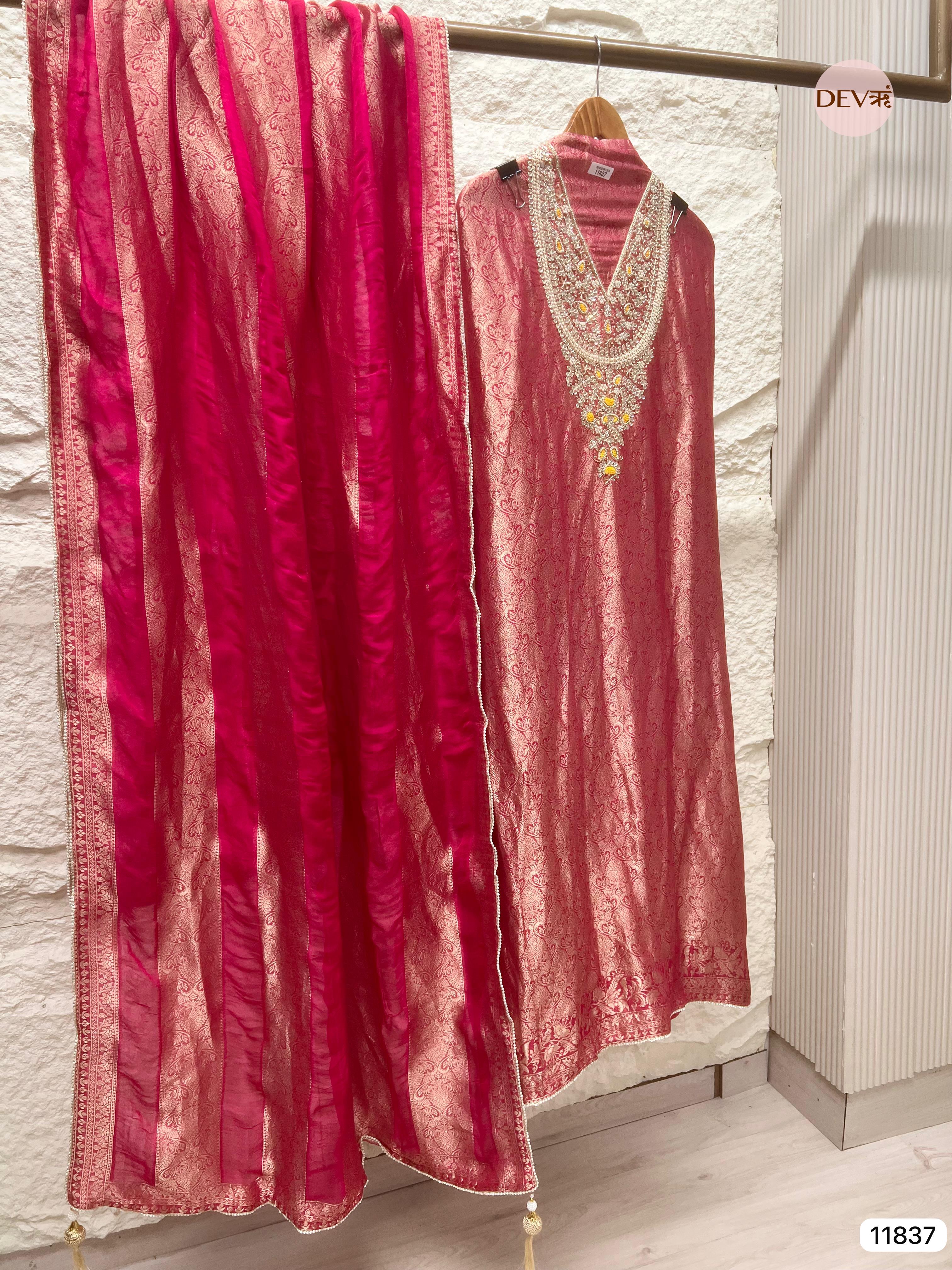 Red Pure Dola Silk Unstitched Banarasi Weave Hand Embroidered -Set Of 3- {11837}