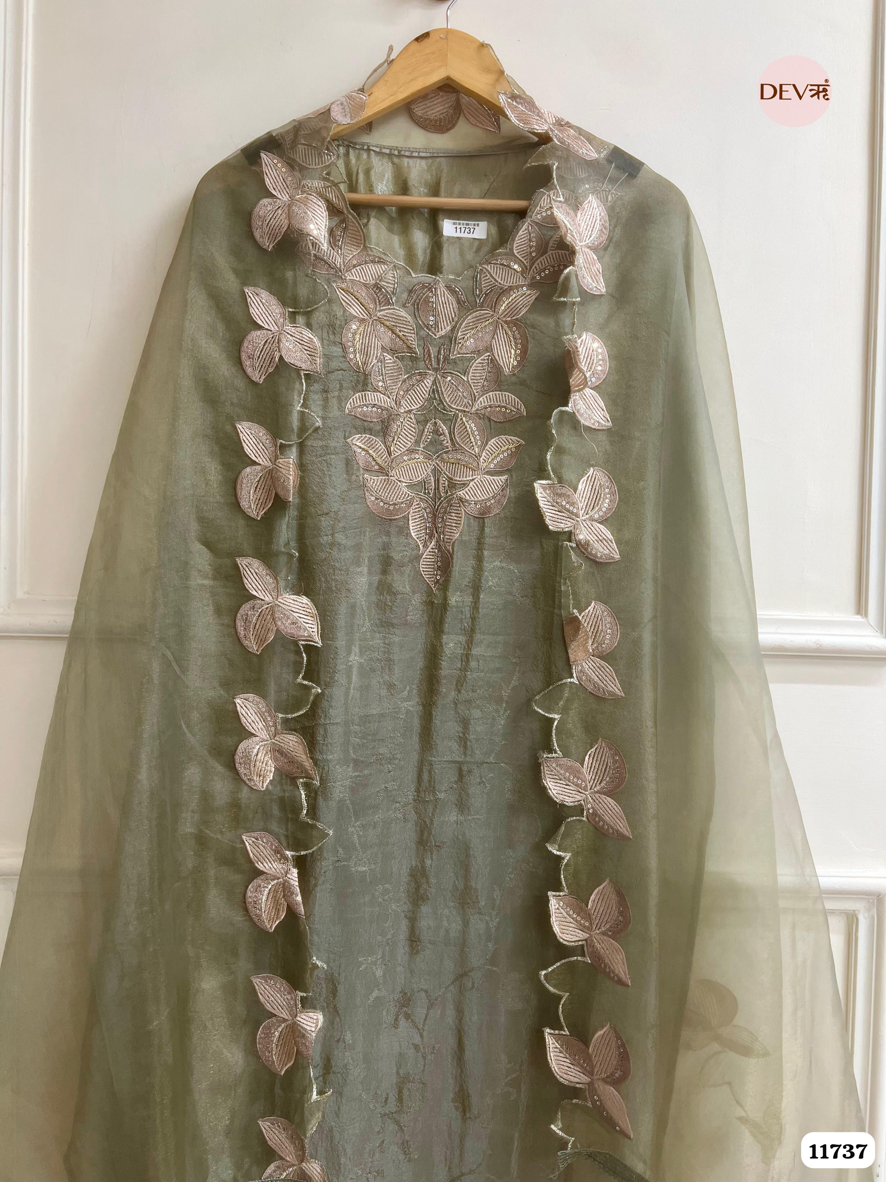 Green Tissue Silk Woven Unstitched Embroidered -Set Of 3 {11737}