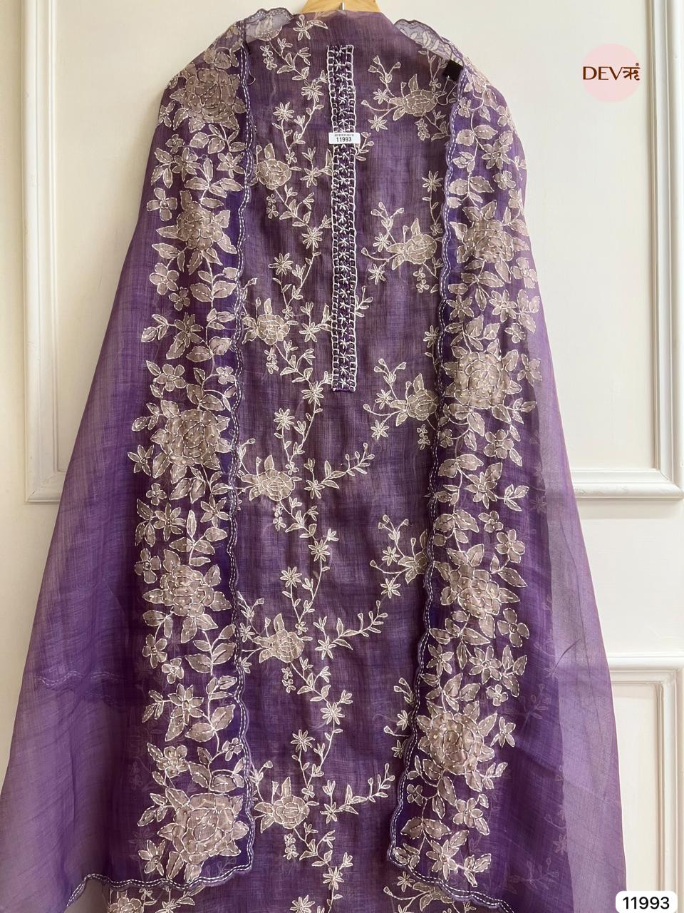 Purple  Pure Mul Linen Unstitched Embroidered -Set Of 3 - {11993}
